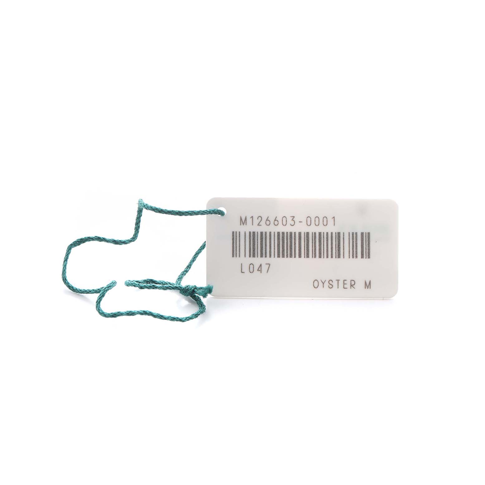 The image shows a label with a string, likely tied to a Rolex Sea-Dweller 126603 Men's Steel and Gold (two tone) Black Dial watch accessory, displaying a reference number and barcode.