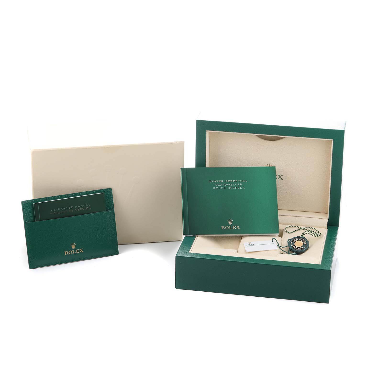 The image shows the packaging and accessories for a Rolex Sea-Dweller 126603 Men's Steel and Gold (two tone) Black Dial, including manuals, a box, and a tag.
