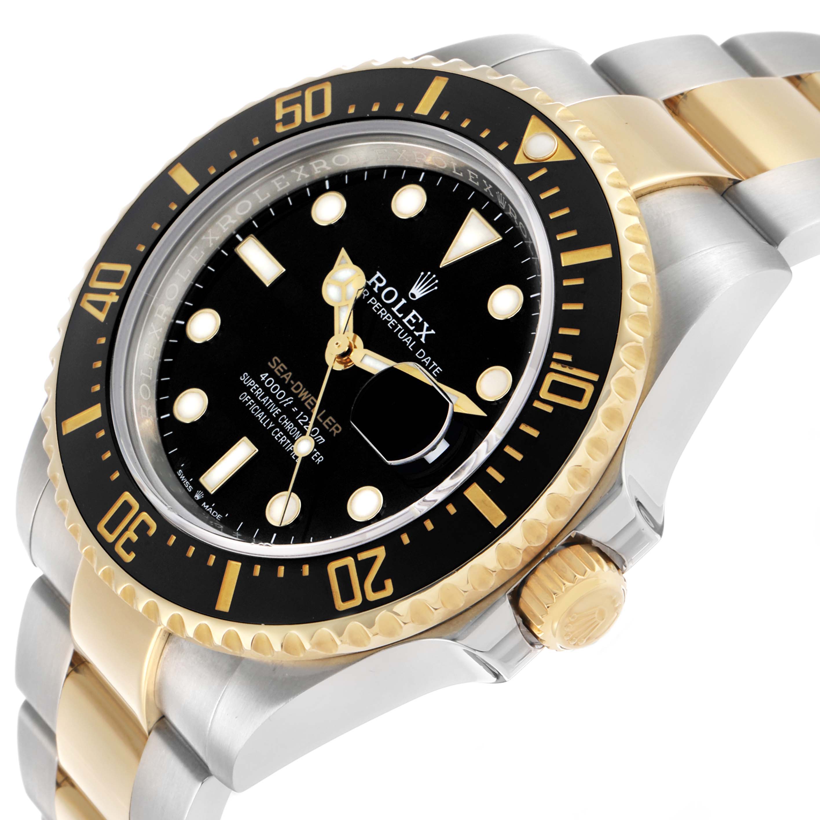 The Rolex Sea-Dweller 126603 Men's Steel and Gold (two tone) Black Dial watch is shown at a slight angle, highlighting its bezel, dial, crown, and two-tone band.