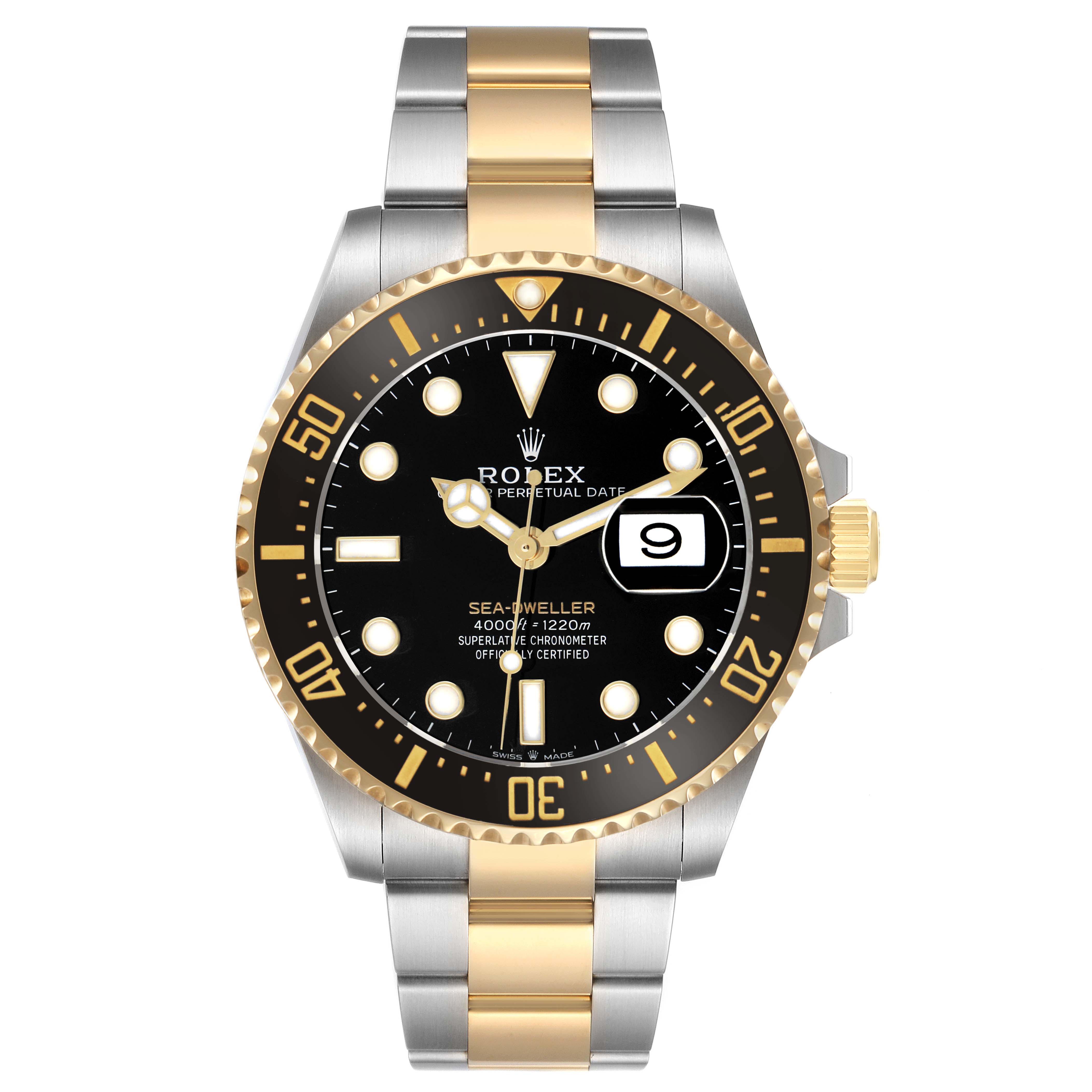 The Rolex Sea-Dweller 126603 Men's Steel and Gold (two tone) Black Dial watch is shown from the front, highlighting its dial, bezel, and two-tone bracelet.