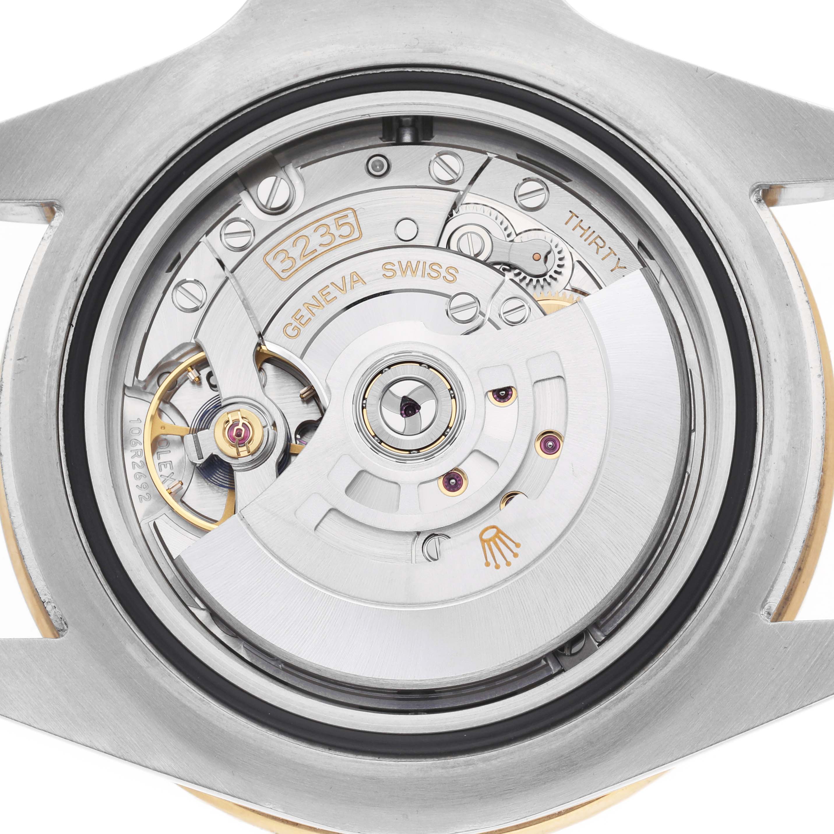 The image shows the inner movement of a Rolex Sea-Dweller 126603 Men's Steel and Gold (two tone) Black Dial watch from a top-down angle, highlighting the rotor and gear train.