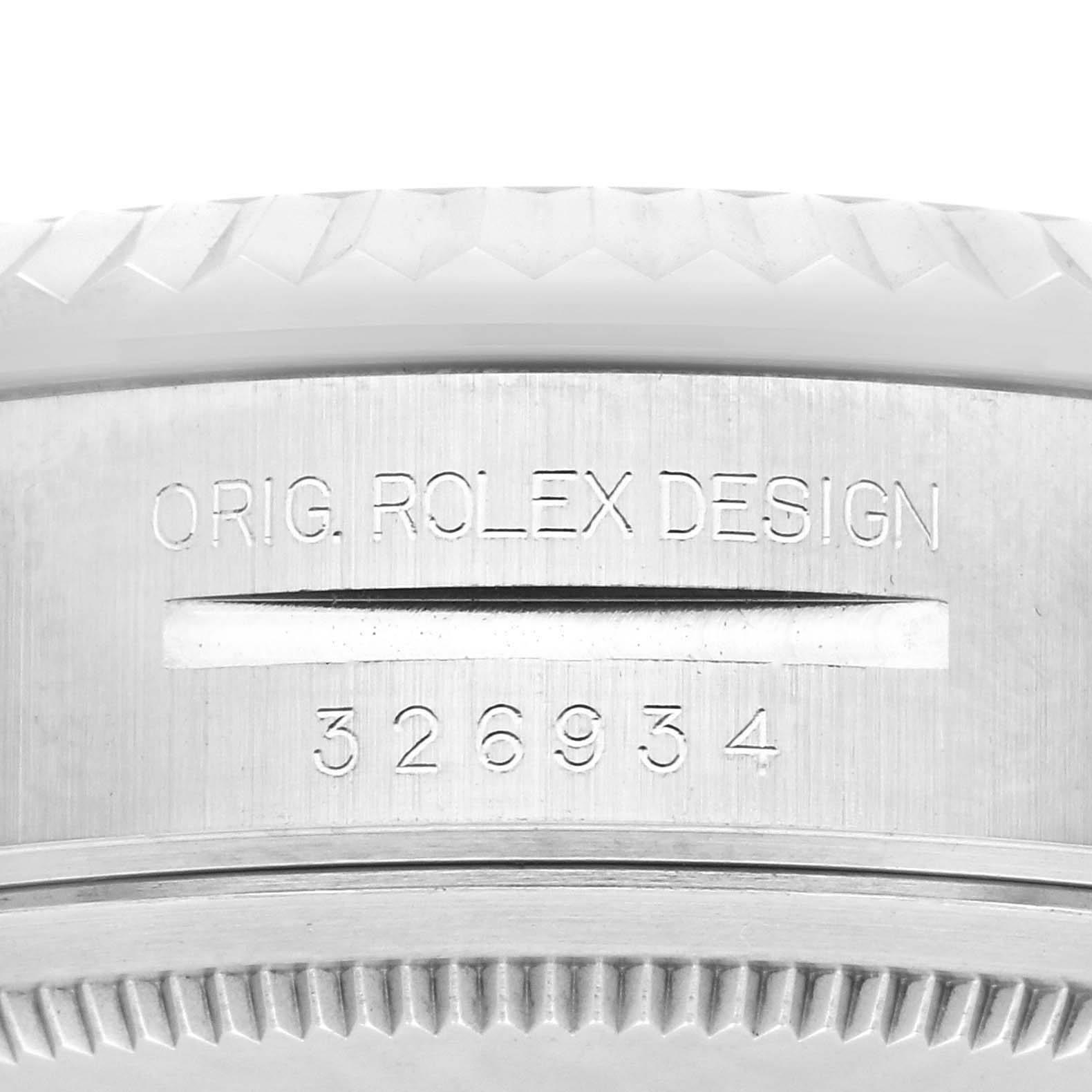 The image shows a close-up of the case side of the Rolex Sky-Dweller 326934 Men
s Stainless Steel Blue Dial 326934 Men
s Stainless Steel Blue Dial, displaying the model number engraving.