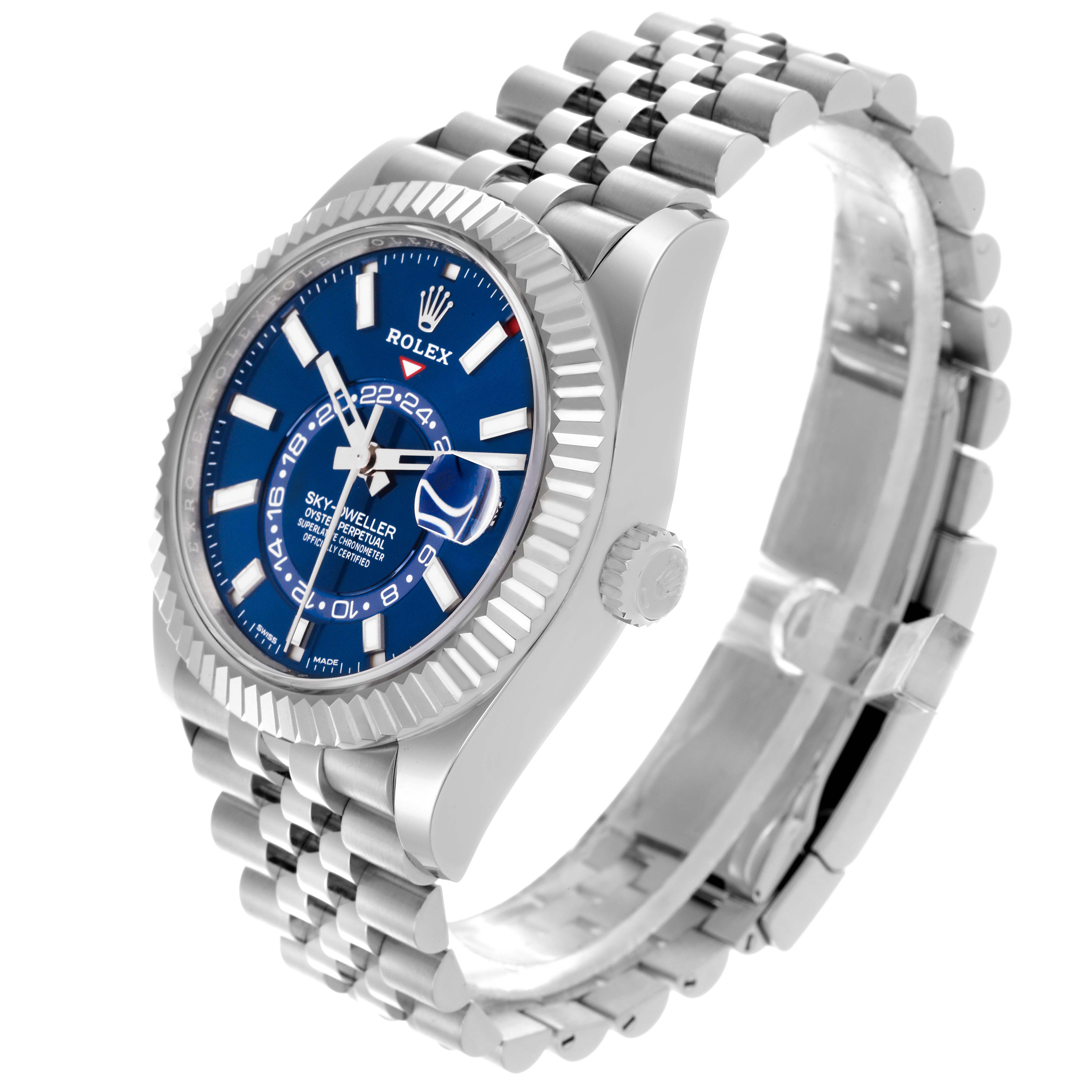 The Rolex Sky-Dweller 326934 Men
s Stainless Steel Blue Dial 326934 Men
s Stainless Steel Blue Dial watch is shown at a three-quarter angle, highlighting the face, bezel, bracelet, and crown.