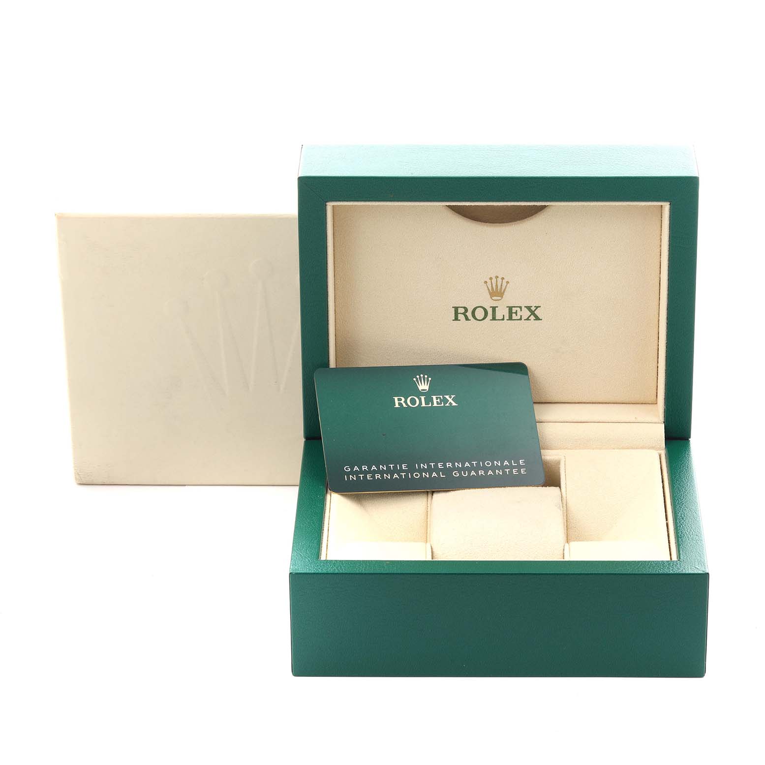 The image shows the open box and guarantee card for a Rolex Sky-Dweller 326934 Men
s Stainless Steel Blue Dial 326934 Men
s Stainless Steel Blue Dial watch.