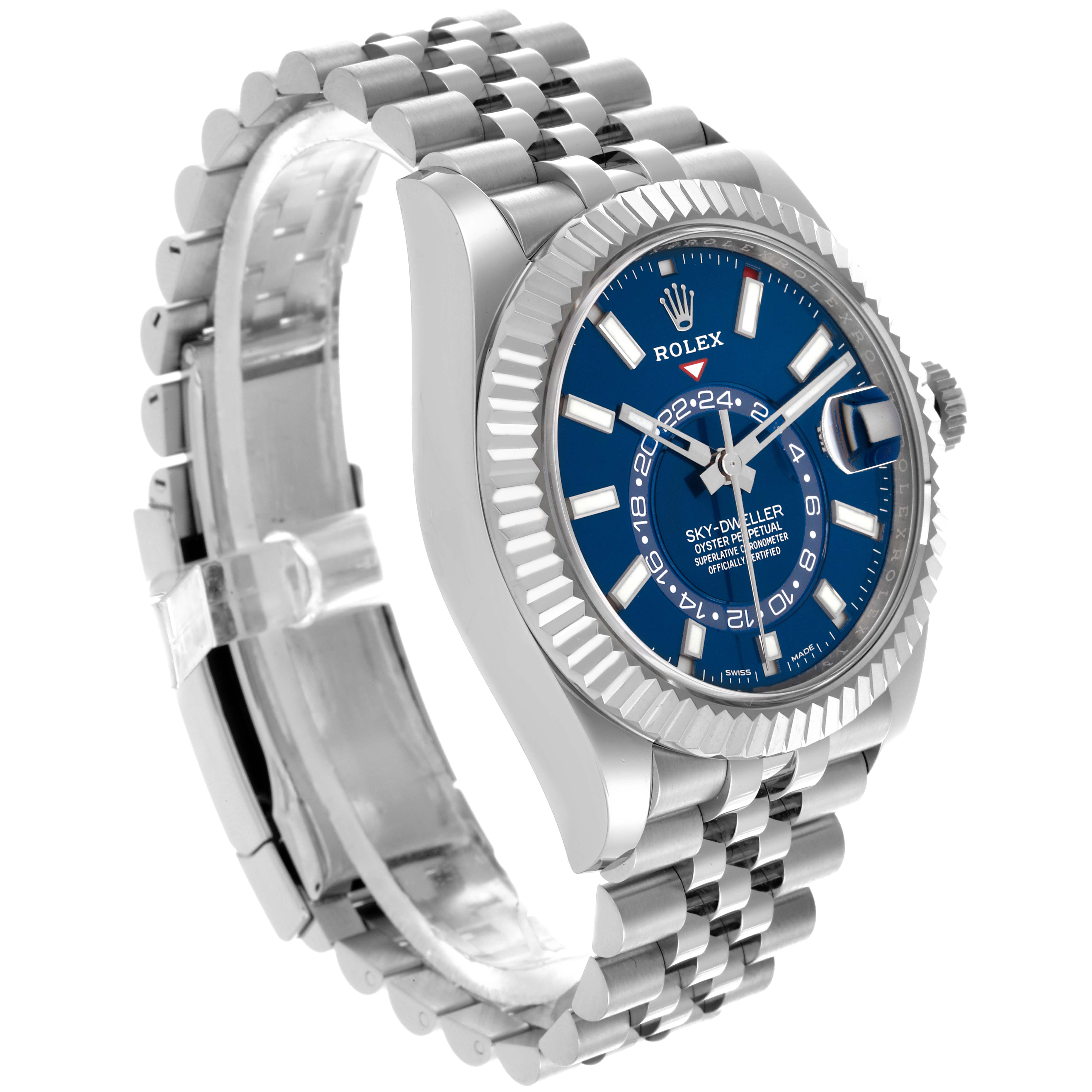 The Rolex Sky-Dweller 326934 Men's Stainless Steel Blue Dial 326934 Men's Stainless Steel Blue Dial watch is shown at a three-quarter angle highlighting the blue dial, bezel, and metal bracelet.