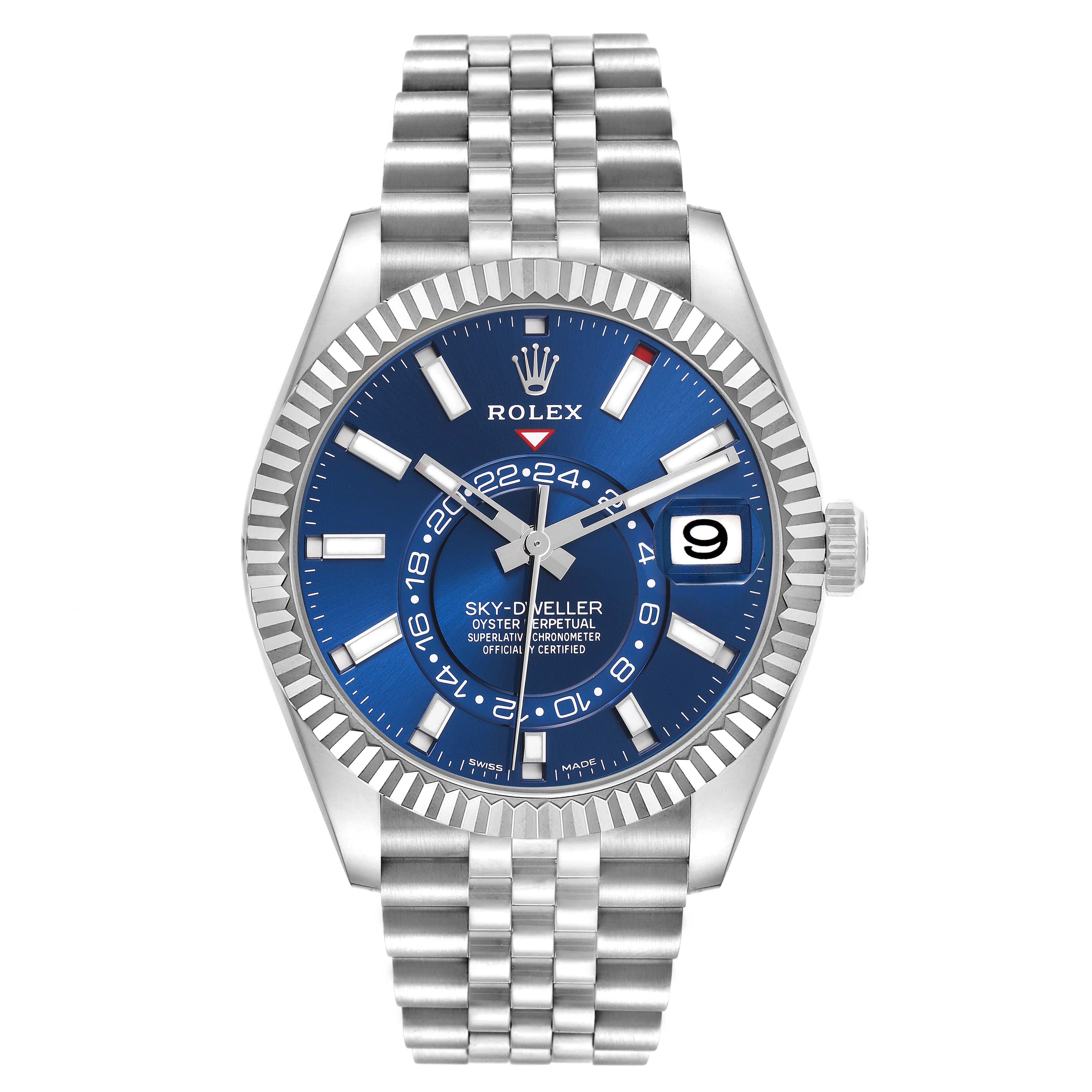 The Rolex Sky-Dweller 326934 Men's Stainless Steel Blue Dial 326934 Men's Stainless Steel Blue Dial is shown from a front angle, highlighting the blue dial and fluted bezel.