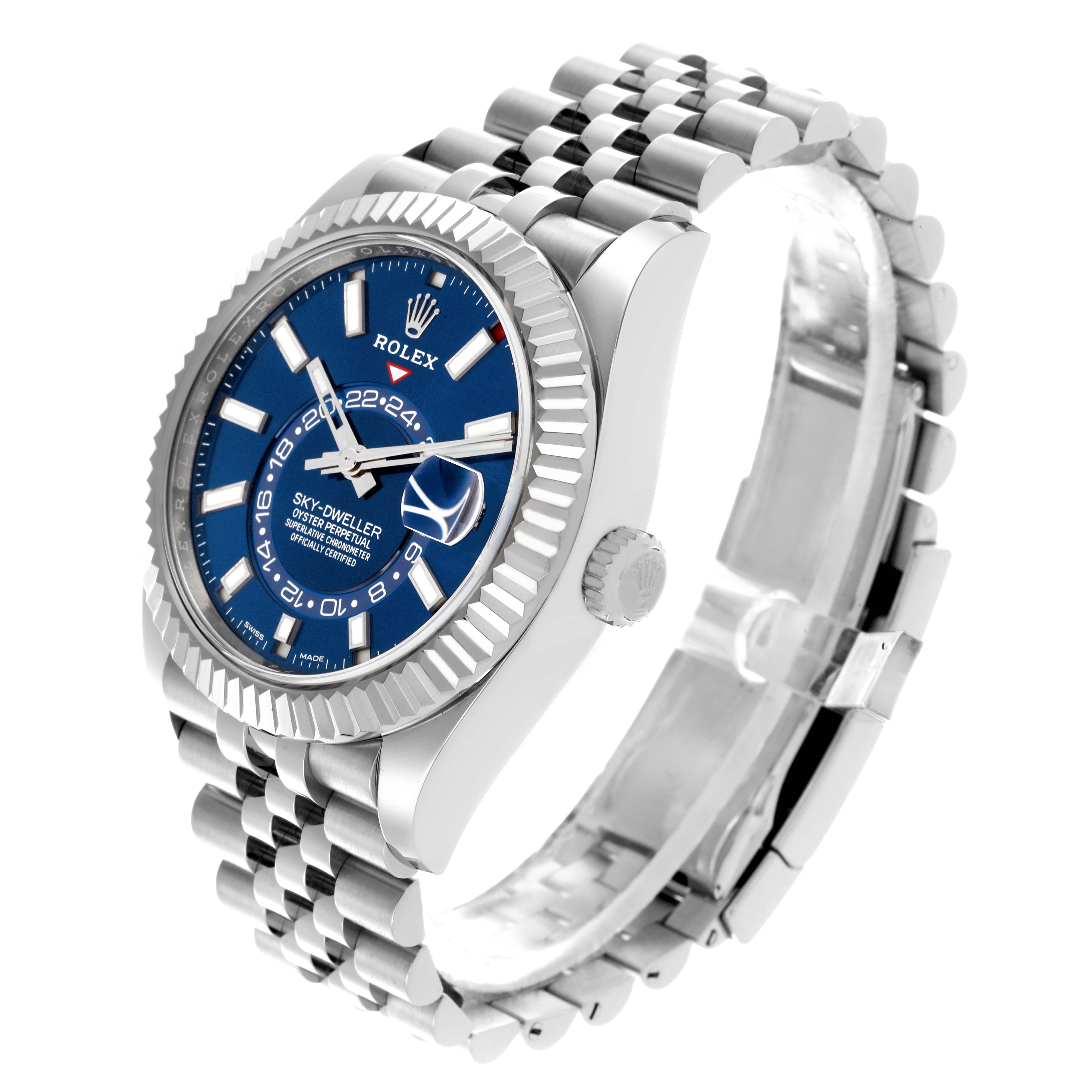The Rolex Sky-Dweller 326934 Men's Stainless Steel Blue Dial 326934 Men's Stainless Steel Blue Dial watch is shown at an angle showcasing the face, fluted bezel, crown, and bracelet.