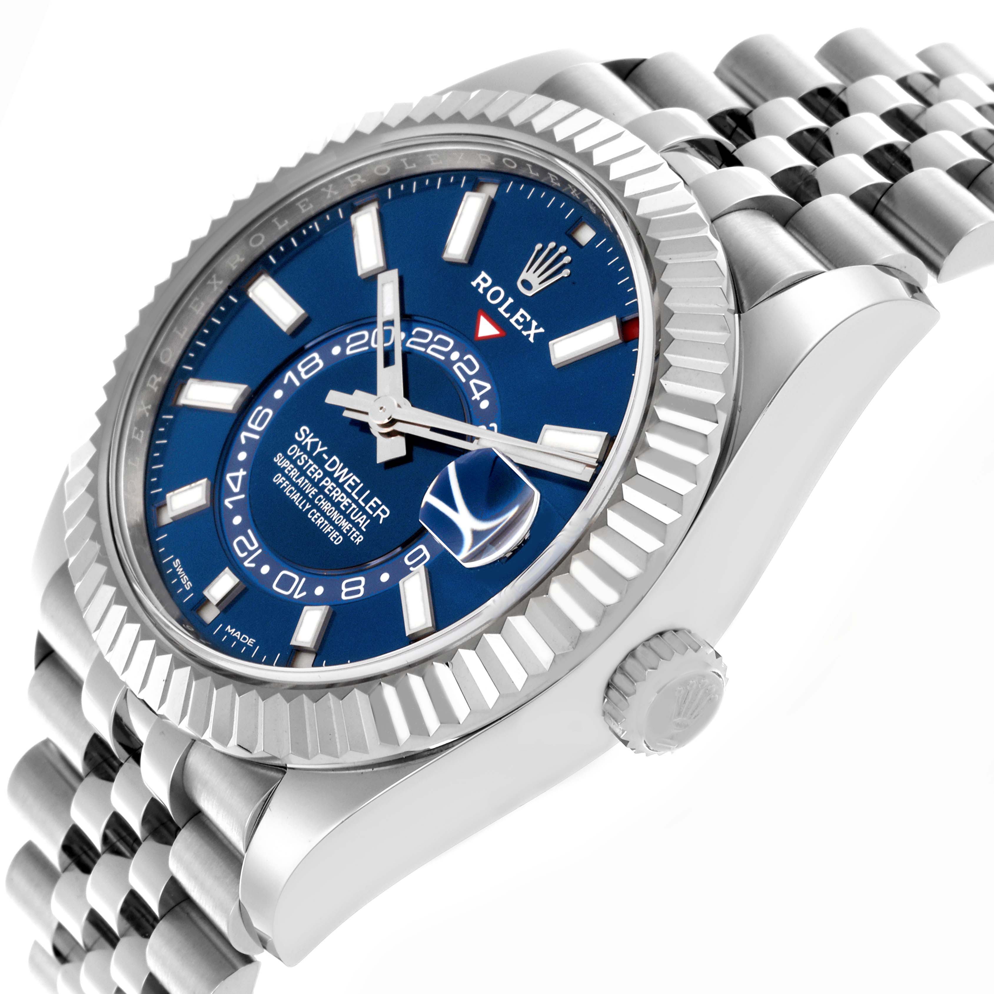 The Rolex Sky-Dweller 326934 Men's Stainless Steel Blue Dial 326934 Men's Stainless Steel Blue Dial is shown at an angle highlighting the face, bezel, crown, and part of the bracelet.