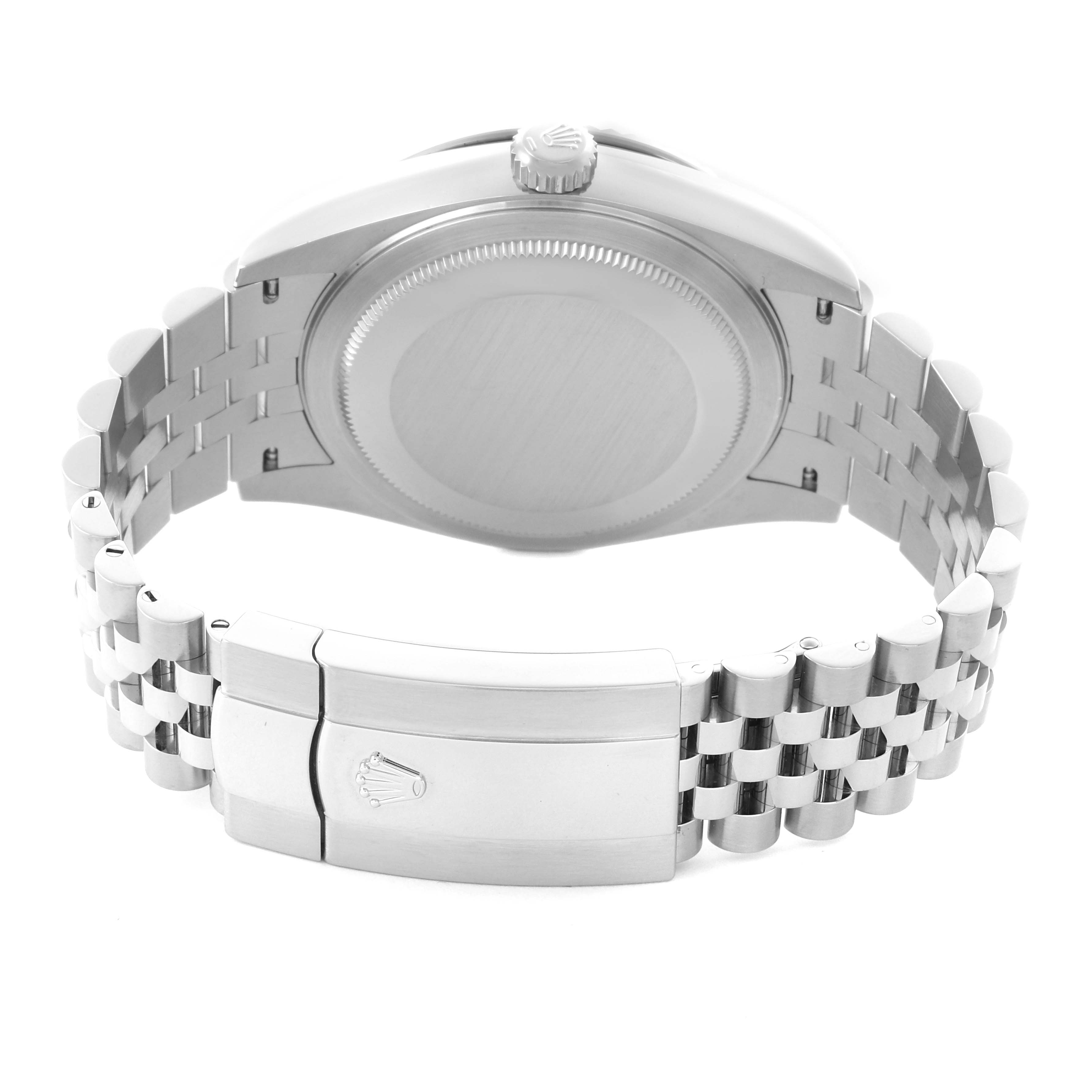 The image shows the back of the Rolex Sky-Dweller 326934 Men's Stainless Steel Blue Dial 326934 Men's Stainless Steel Blue Dial, highlighting the case, crown, and bracelet with the clasp.