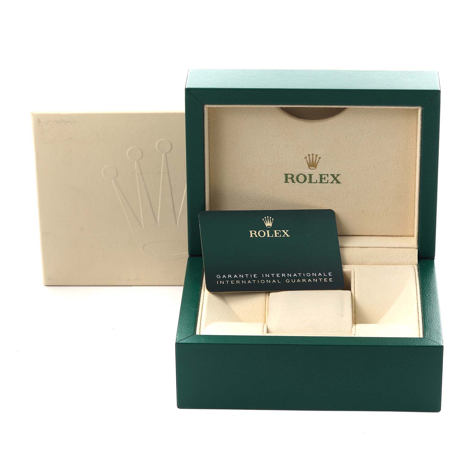 The image shows a Rolex Sky-Dweller 326934 Men's Stainless Steel Blue Dial 326934 Men's Stainless Steel Blue Dial watch box and guarantee card, viewed from the front.