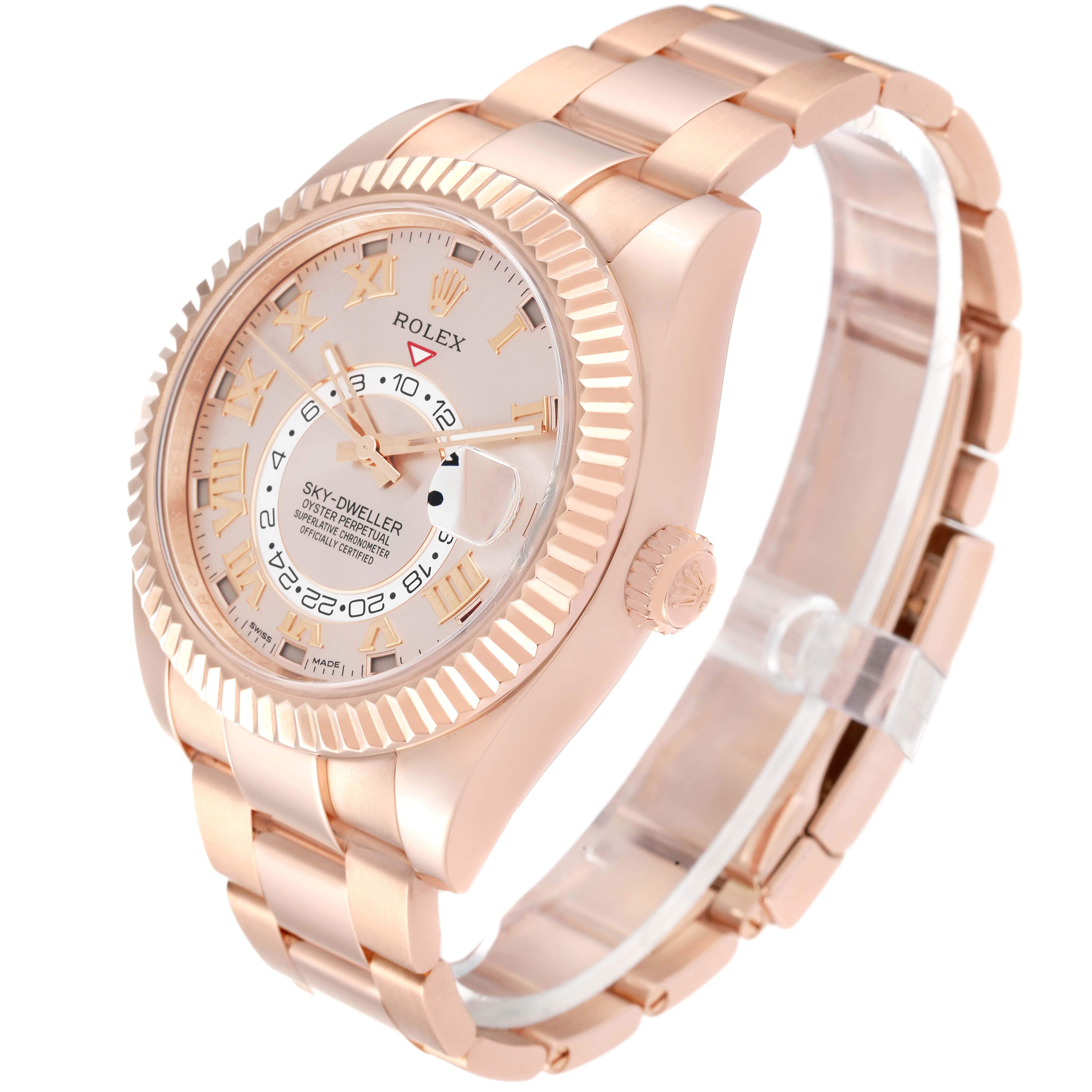 The image shows a side-angle view of the Rolex Sky-Dweller 326935 Men's Rose Gold Pink Dial 326935 Men's Rose Gold Pink Dial, highlighting its dial, bezel, bracelet, and crown.