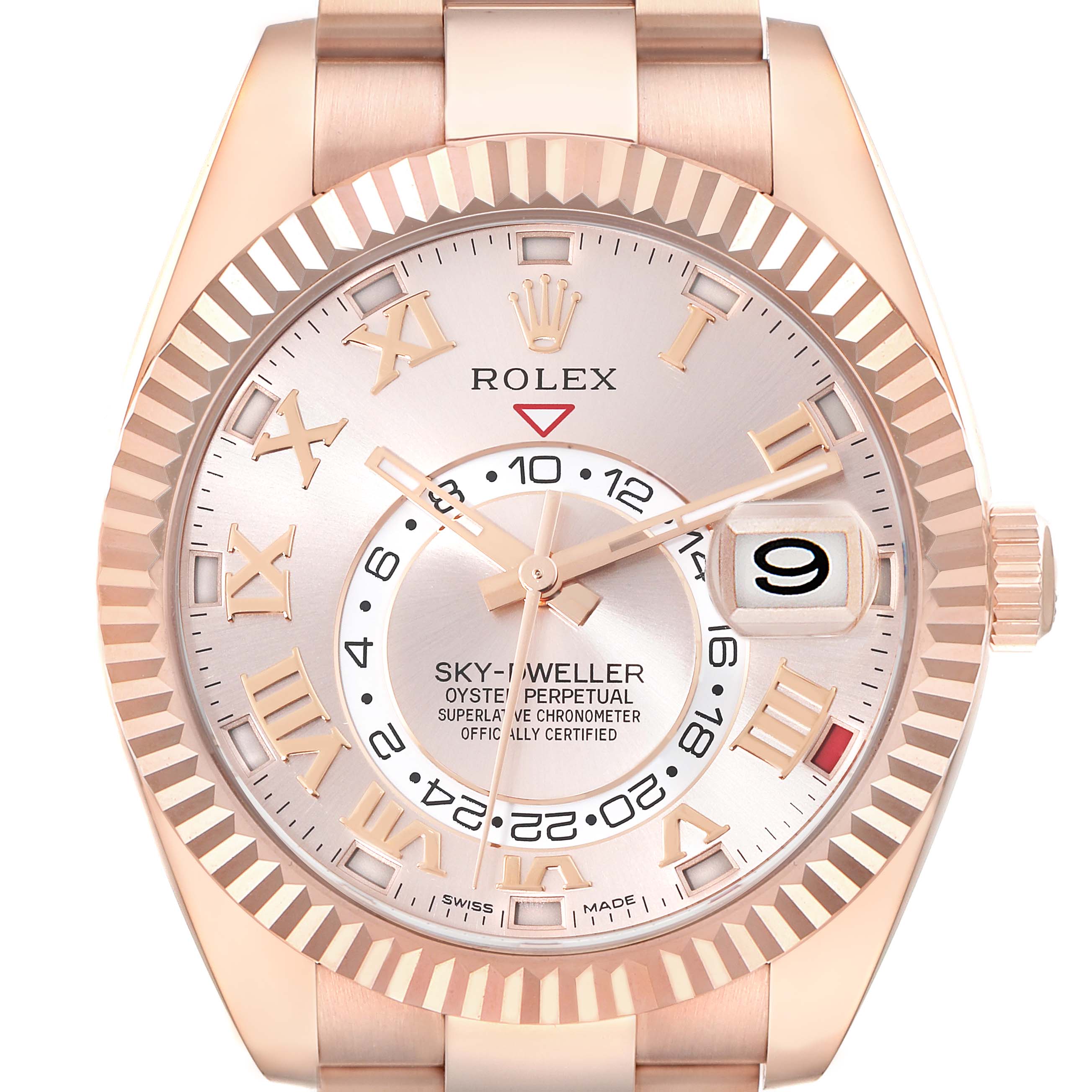 The image shows a front view of the Rolex Sky-Dweller 326935 Men's Rose Gold Pink Dial 326935 Men's Rose Gold Pink Dial watch, highlighting the dial, bezel, and part of the bracelet.