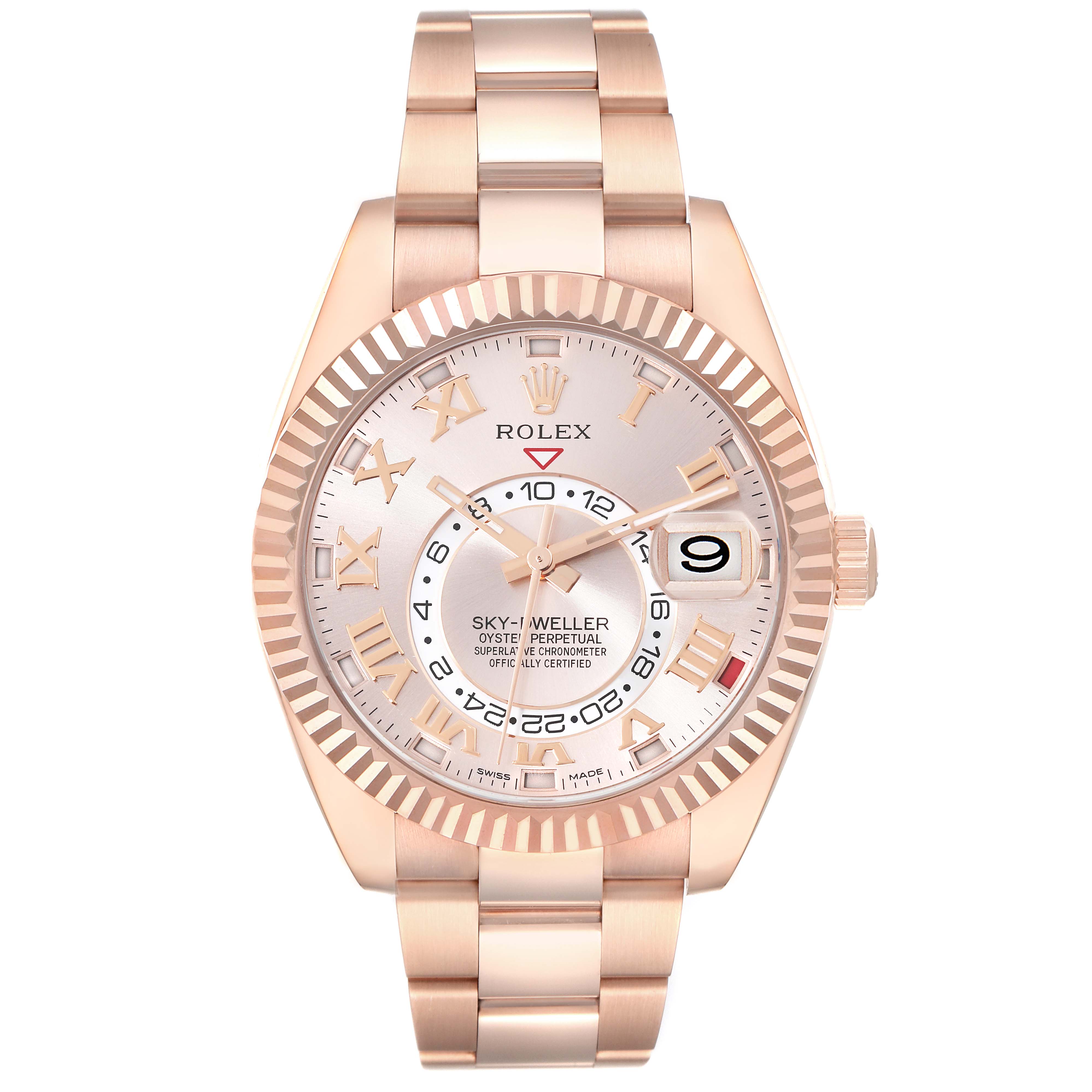 The image shows a front view of the Rolex Sky-Dweller 326935 Men's Rose Gold Pink Dial 326935 Men's Rose Gold Pink Dial, highlighting the dial, bezel, and bracelet.