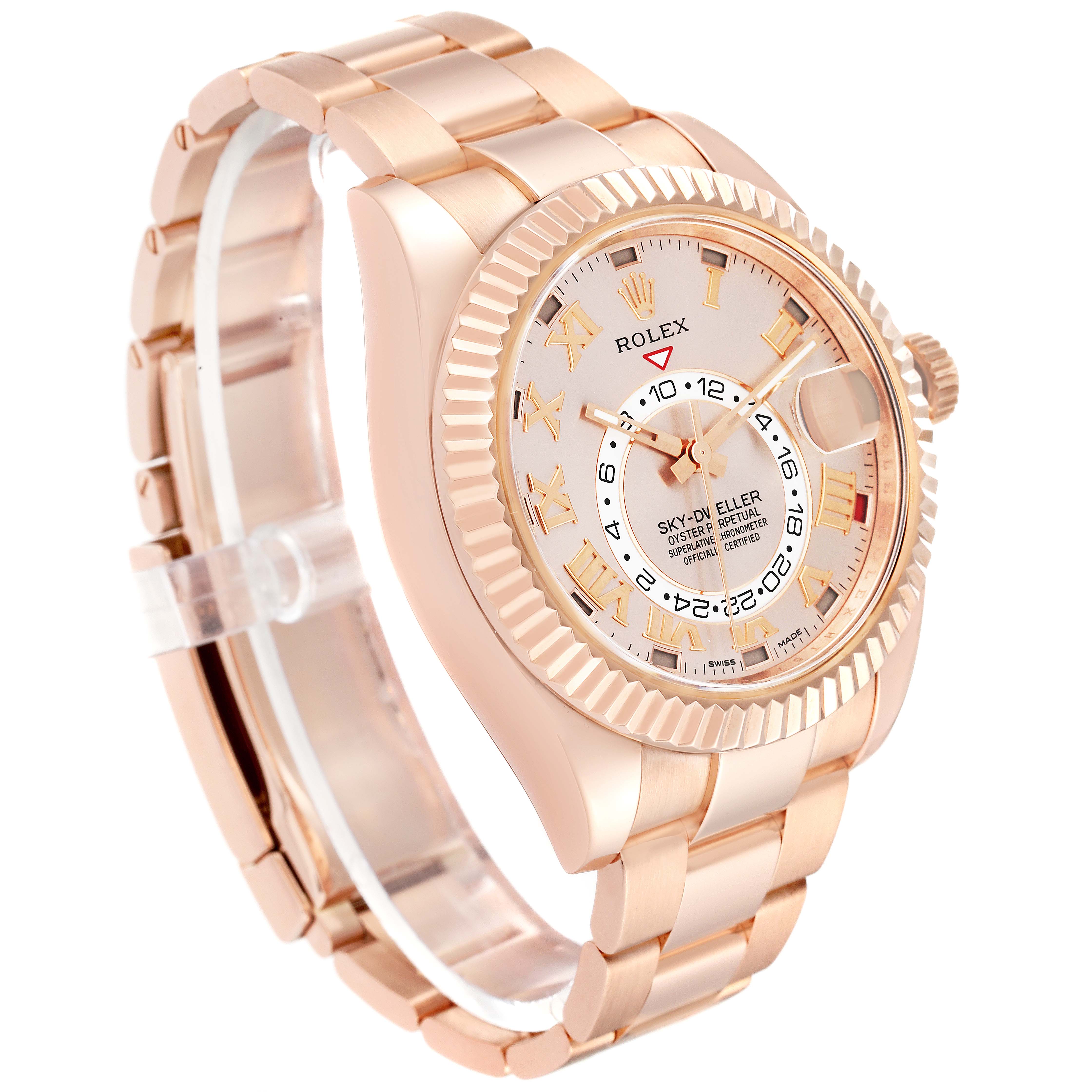 The image shows a Rolex Sky-Dweller 326935 Men's Rose Gold Pink Dial 326935 Men's Rose Gold Pink Dial model watch viewed from an angle highlighting its face, bezel, bracelet, and crown.