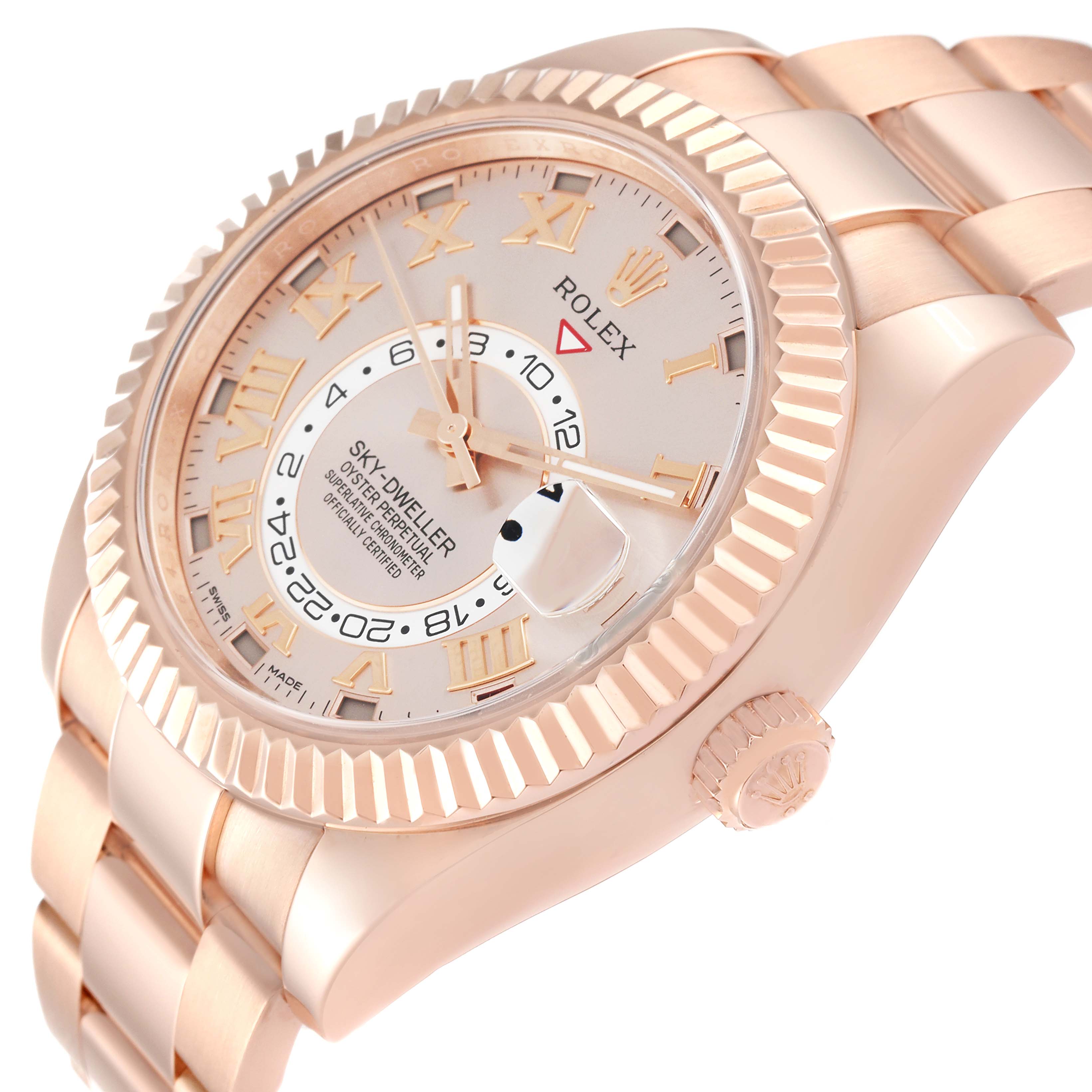 The image shows a side and front view of the Rolex Sky-Dweller 326935 Men's Rose Gold Pink Dial 326935 Men's Rose Gold Pink Dial, highlighting the bezel, dial, and bracelet.