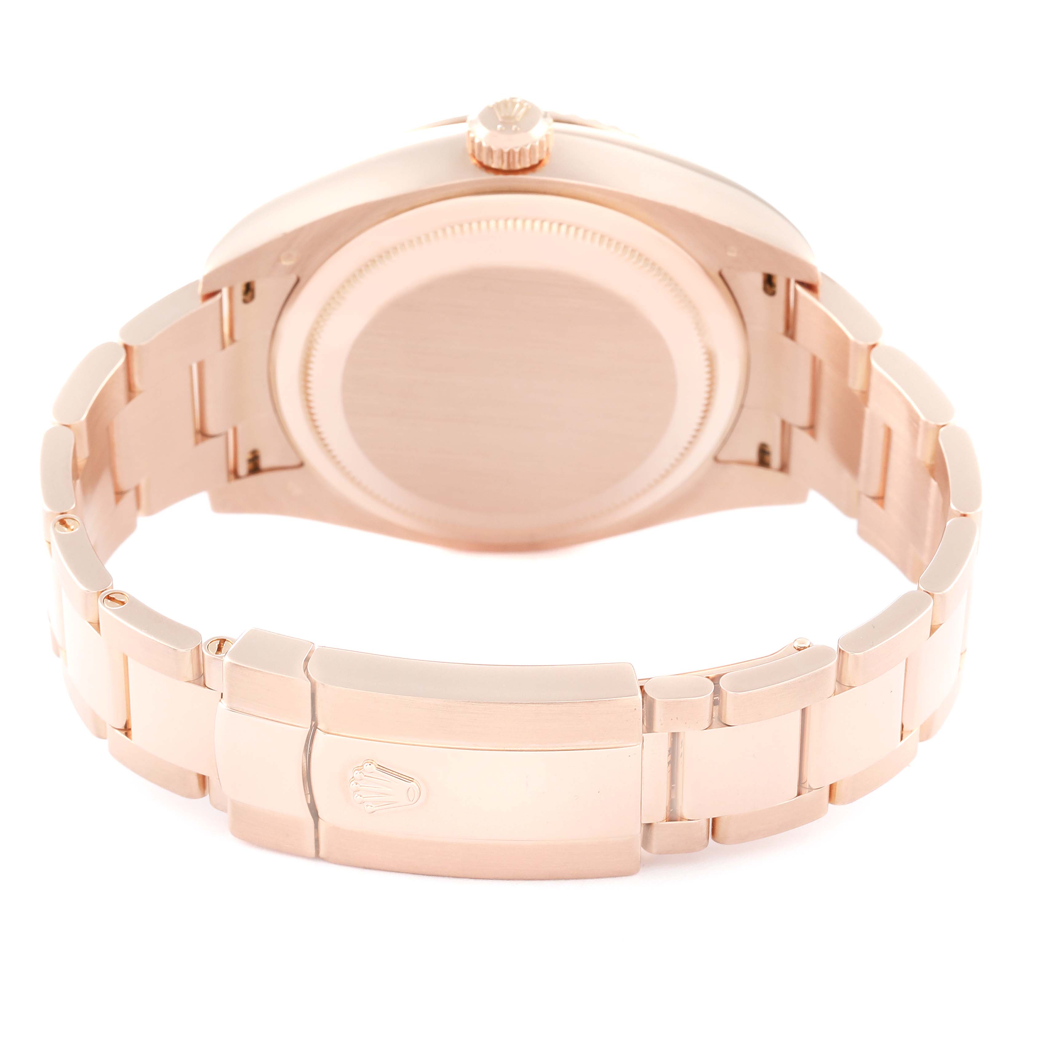 This is a rear view of a Rolex Sky-Dweller 326935 Men's Rose Gold Pink Dial 326935 Men's Rose Gold Pink Dial watch, showcasing the back of the case and the bracelet with the clasp.