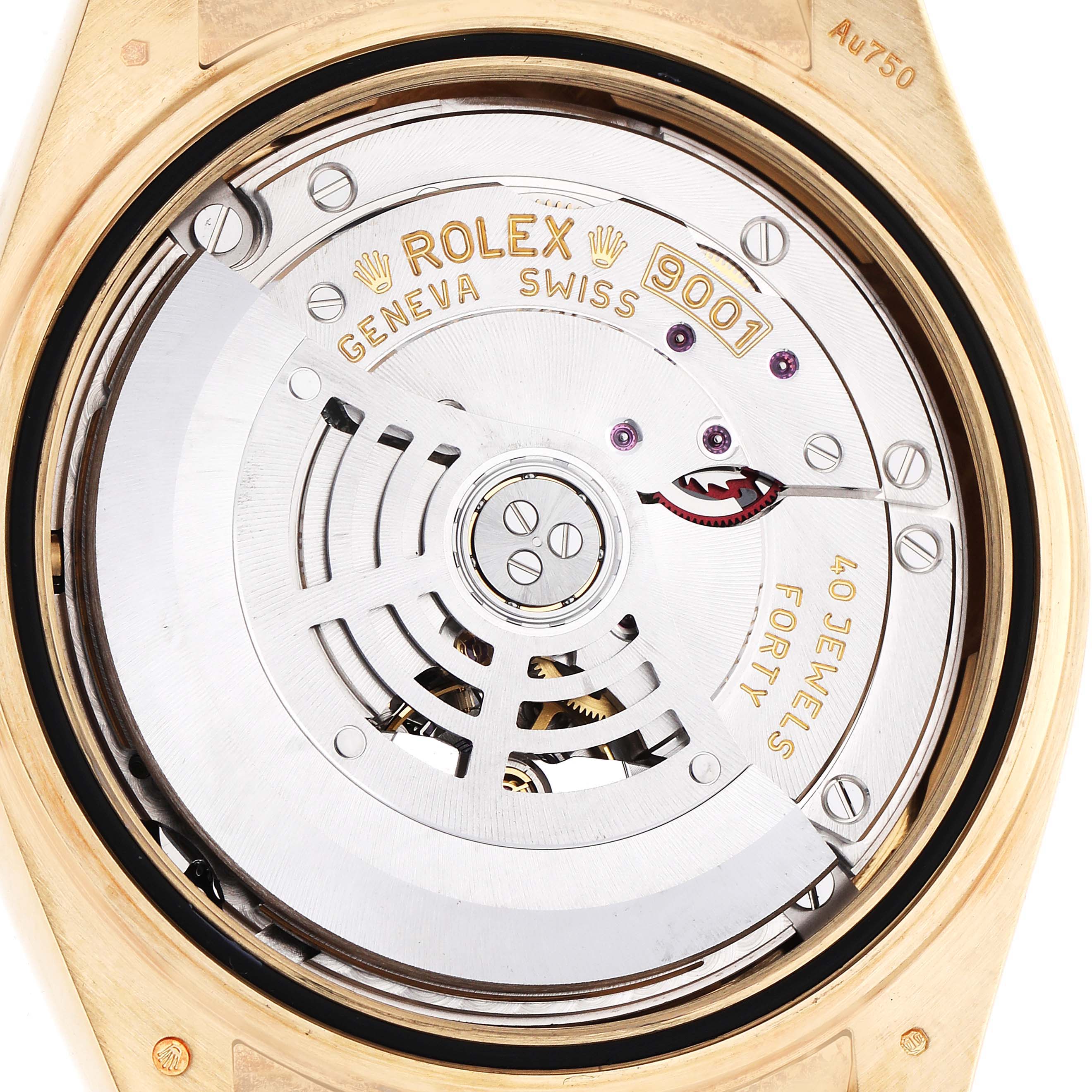 The image shows the movement of a Rolex Sky-Dweller 326238 Men's Yellow Gold Black Dial watch from a top-down angle, highlighting the mechanism and engravings.