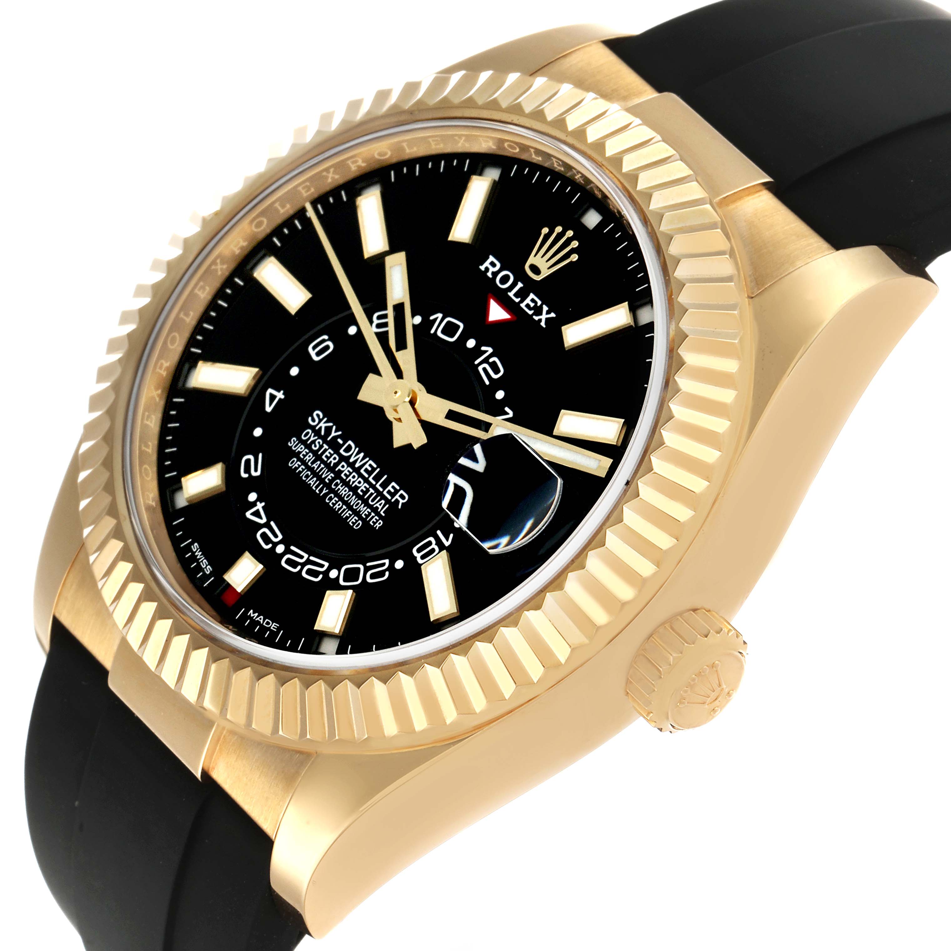 The Rolex Sky-Dweller 326238 Men's Yellow Gold Black Dial is shown at an angled close-up, highlighting its gold bezel, black dial, and crown, along with the black strap.