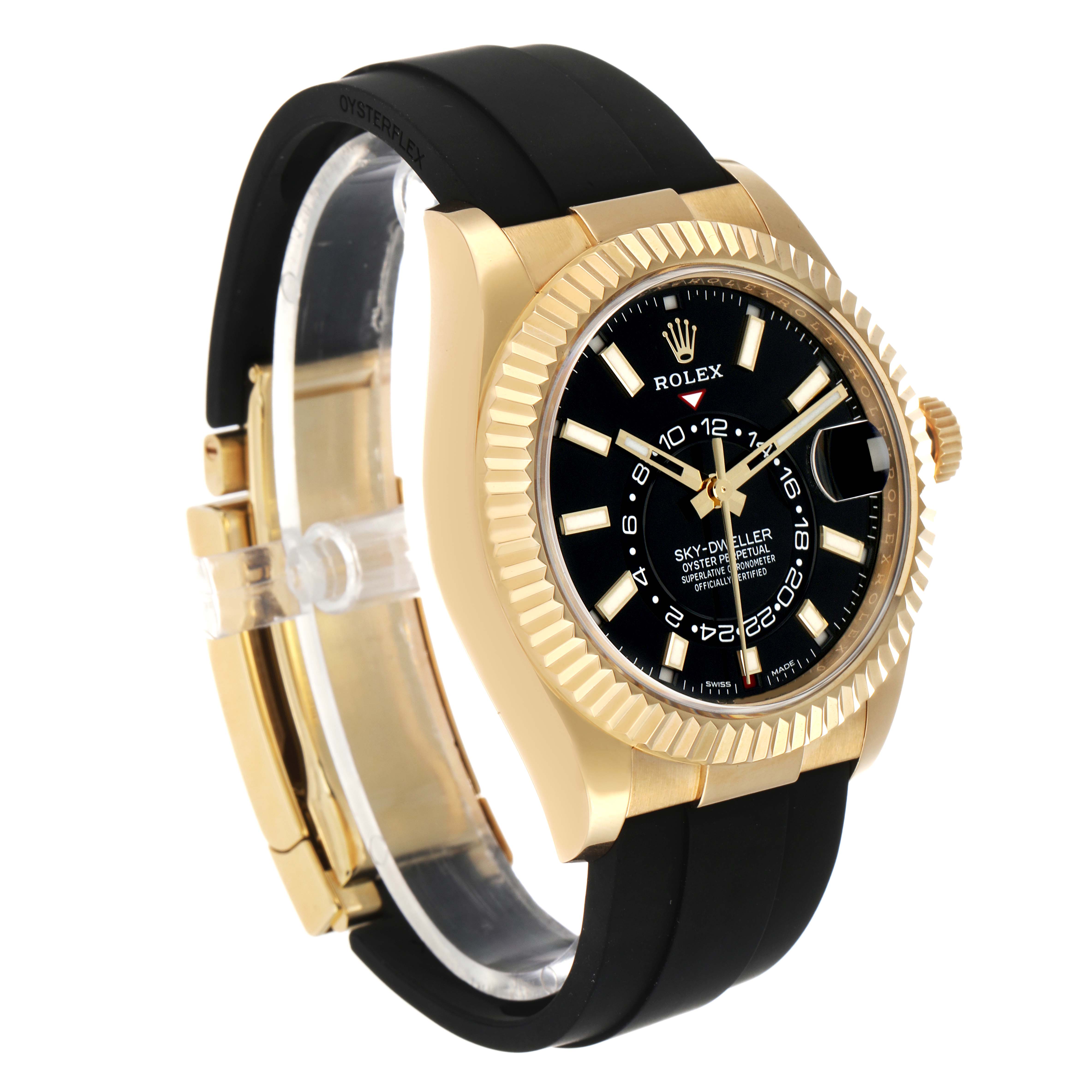 The Rolex Sky-Dweller 326238 Men's Yellow Gold Black Dial watch is shown angled slightly from the side, highlighting the black dial, gold bezel, and black Oysterflex strap.