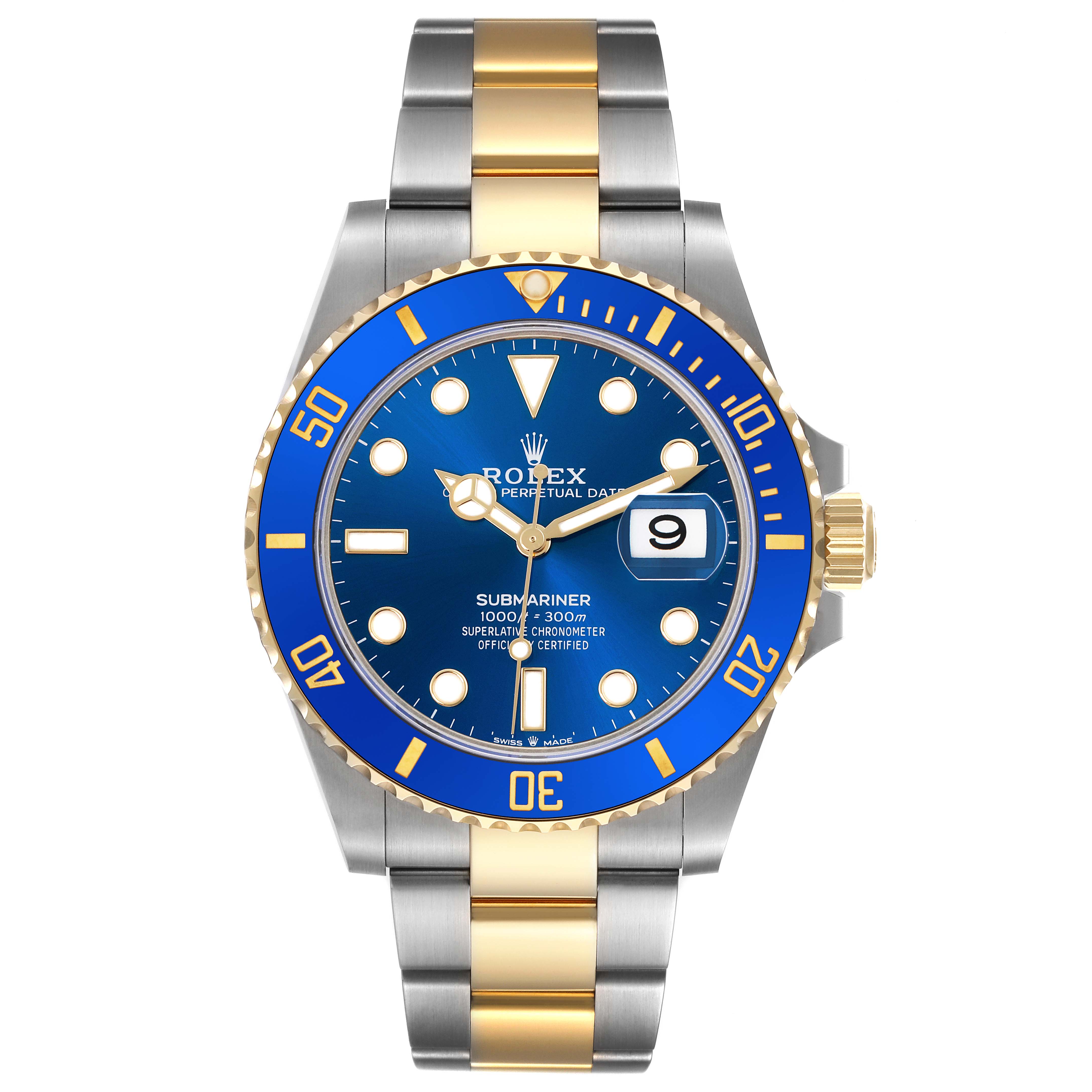 The Rolex Submariner 126613LB Men's Steel and Gold (two tone) Blue Dial 126613LB Men's Steel and Gold (two tone) Blue Dial watch is shown from a top-down angle, highlighting the bezel, dial, and bracelet.