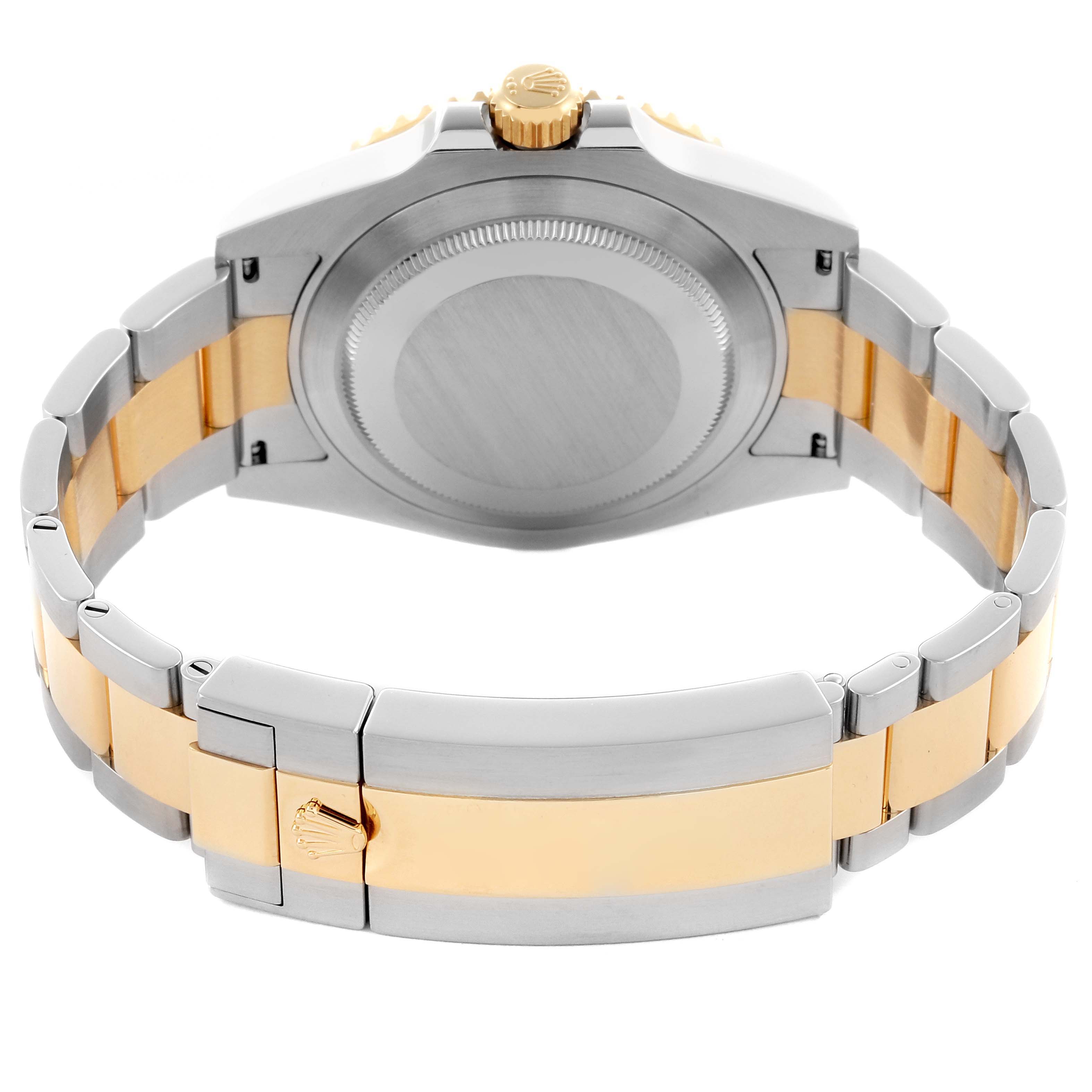 The image shows the back of a Rolex Submariner 126613LB Men's Steel and Gold (two tone) Blue Dial 126613LB Men's Steel and Gold (two tone) Blue Dial, focusing on the case back and the two-tone bracelet with the clasp.