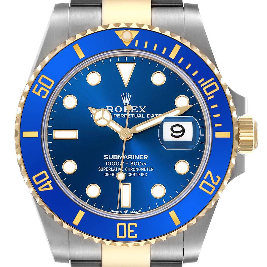 This Rolex Submariner watch is shown from the front, highlighting its blue dial, bezel, and gold accents.