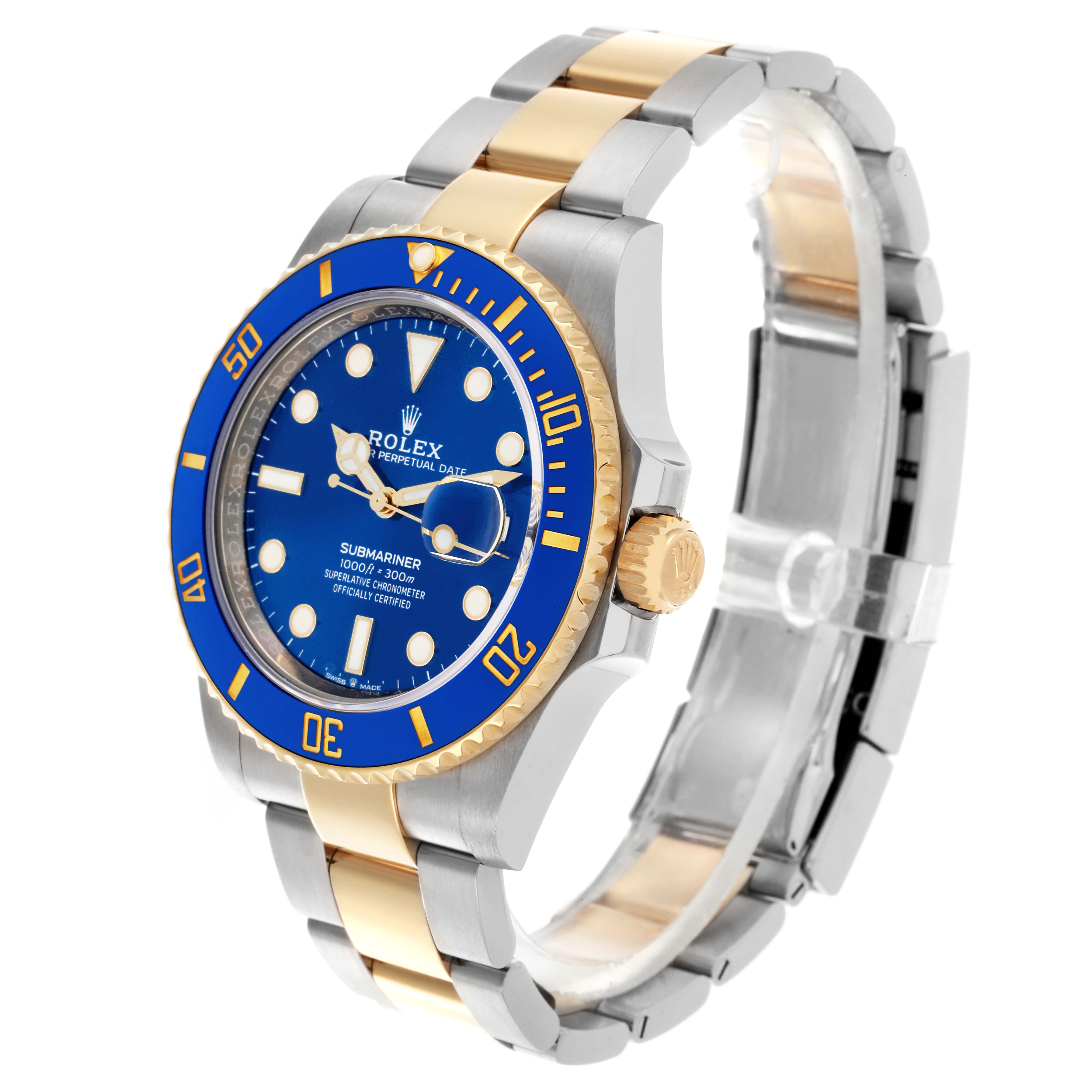 The Rolex Submariner 126613LB Men's Steel and Gold (two tone) Blue Dial 126613LB Men's Steel and Gold (two tone) Blue Dial is shown at a three-quarter angle, highlighting the face, bezel, bracelet, and crown.