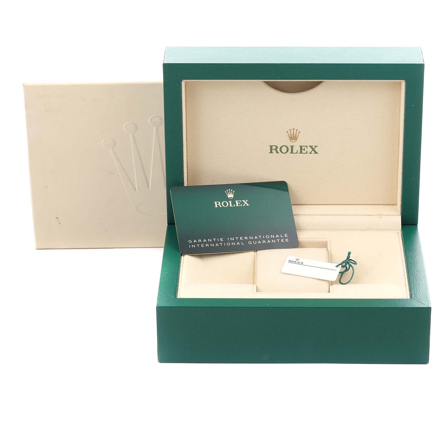 The image shows the packaging and accessories for a Rolex Submariner 126613LB Men's Steel and Gold (two tone) Blue Dial 126613LB Men's Steel and Gold (two tone) Blue Dial, including the box and guarantee card.
