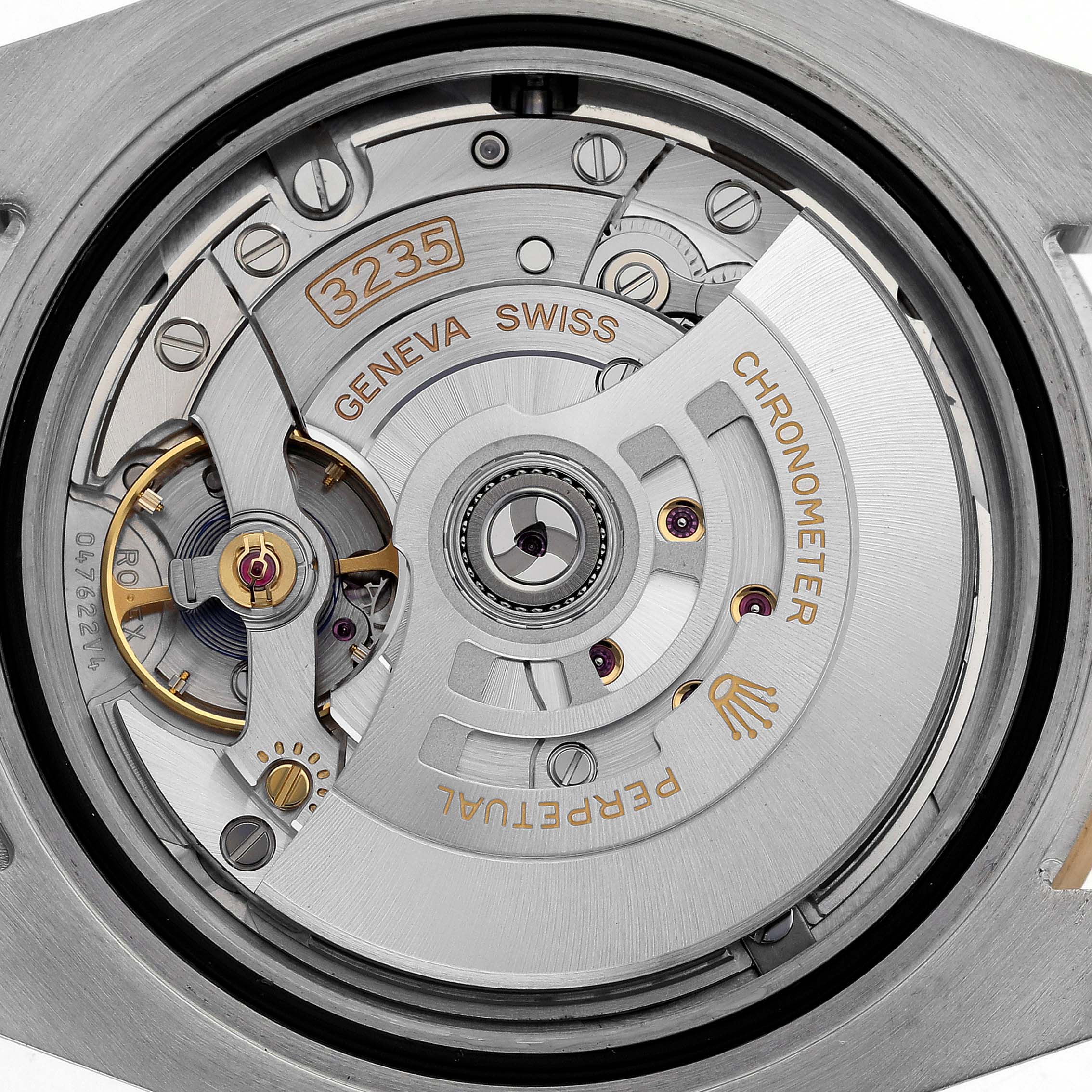 The image shows a close-up view of the Rolex Submariner 126613LB Men's Steel and Gold (two tone) Blue Dial 126613LB Men's Steel and Gold (two tone) Blue Dial 3235 movement from the back.