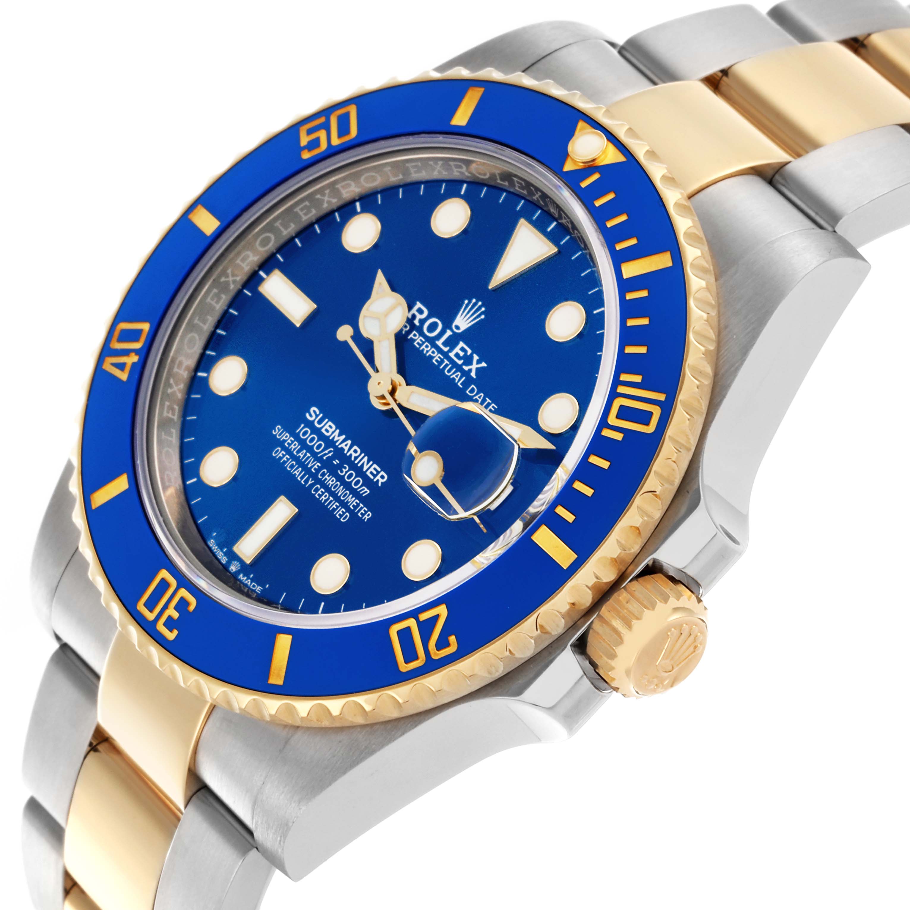 The image shows a close-up angle of the Rolex Submariner 126613LB Men's Steel and Gold (two tone) Blue Dial 126613LB Men's Steel and Gold (two tone) Blue Dial, highlighting the blue dial, bezel, and two-tone bracelet.