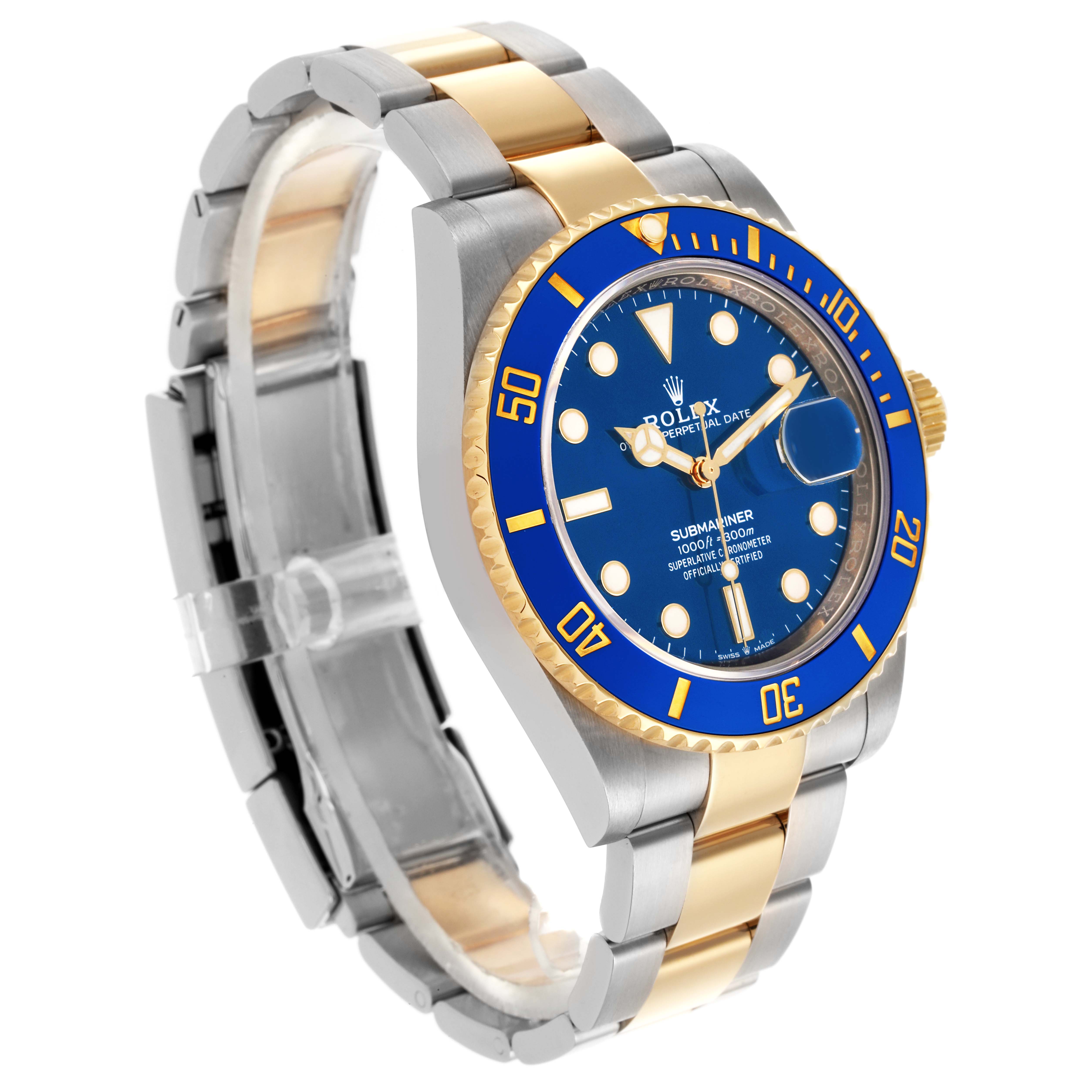 The Rolex Submariner 126613LB Men's Steel and Gold (two tone) Blue Dial 126613LB Men's Steel and Gold (two tone) Blue Dial watch is shown at an angle highlighting its blue dial, bezel, and two-tone bracelet.