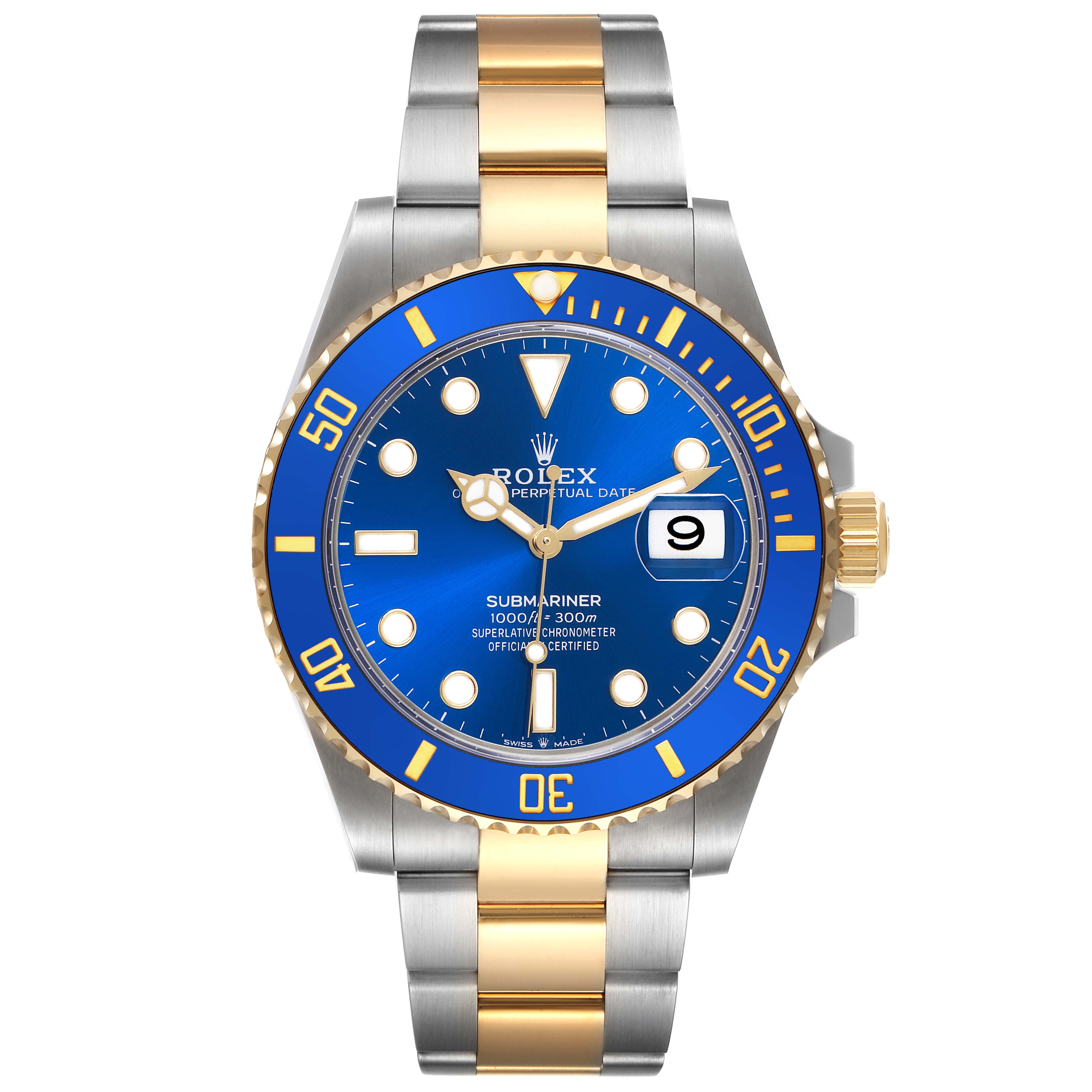 The image shows a front view of the Rolex Submariner 126613LB Men's Steel and Gold (two tone) Blue Dial 126613LB Men's Steel and Gold (two tone) Blue Dial, displaying the blue dial, bezel, and two-tone gold and silver bracelet.