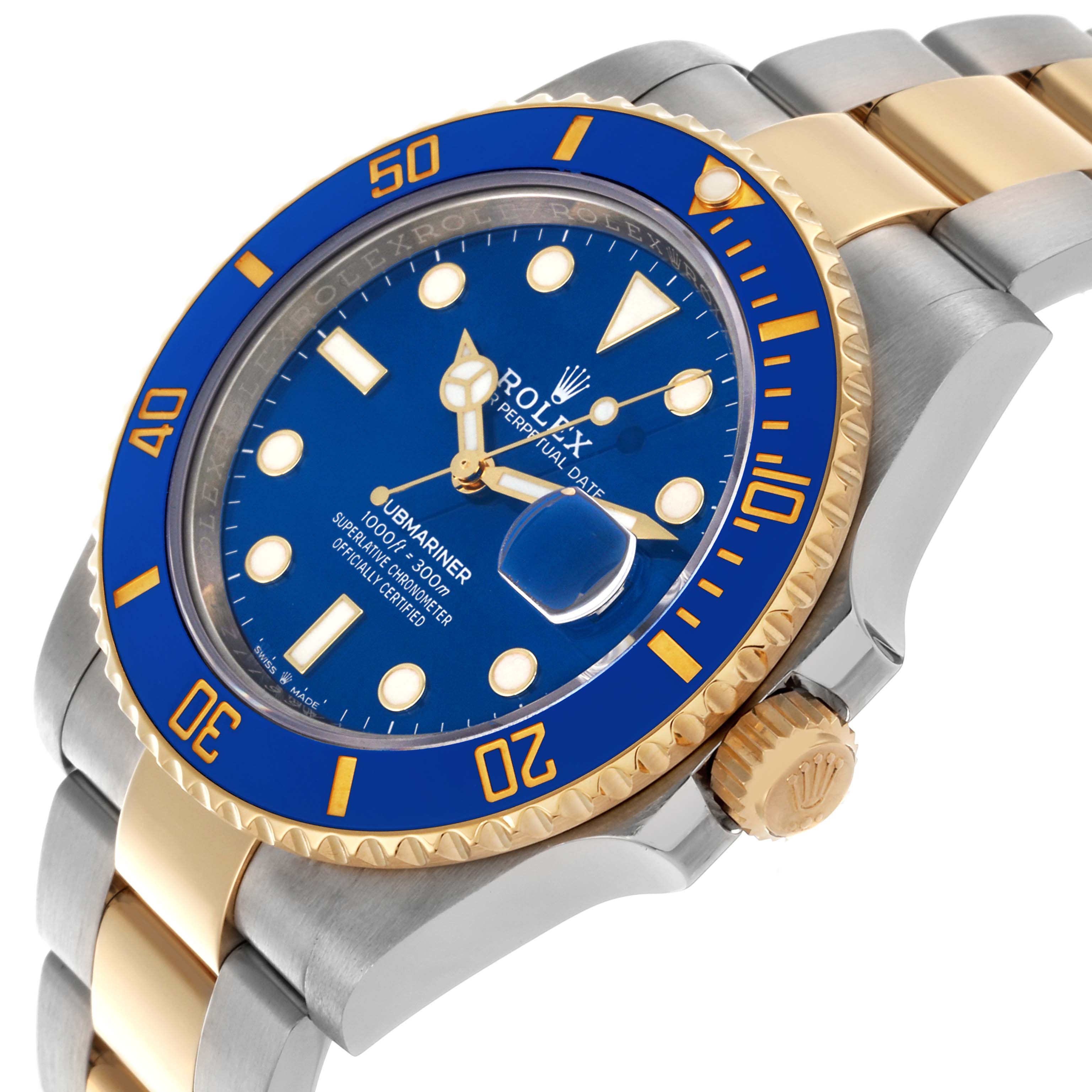 The image shows a side angle of a Rolex Submariner 126613LB Men's Steel and Gold (two tone) Blue Dial 126613LB Men's Steel and Gold (two tone) Blue Dial, highlighting the blue dial, bezel, crown, and two-tone metal bracelet.
