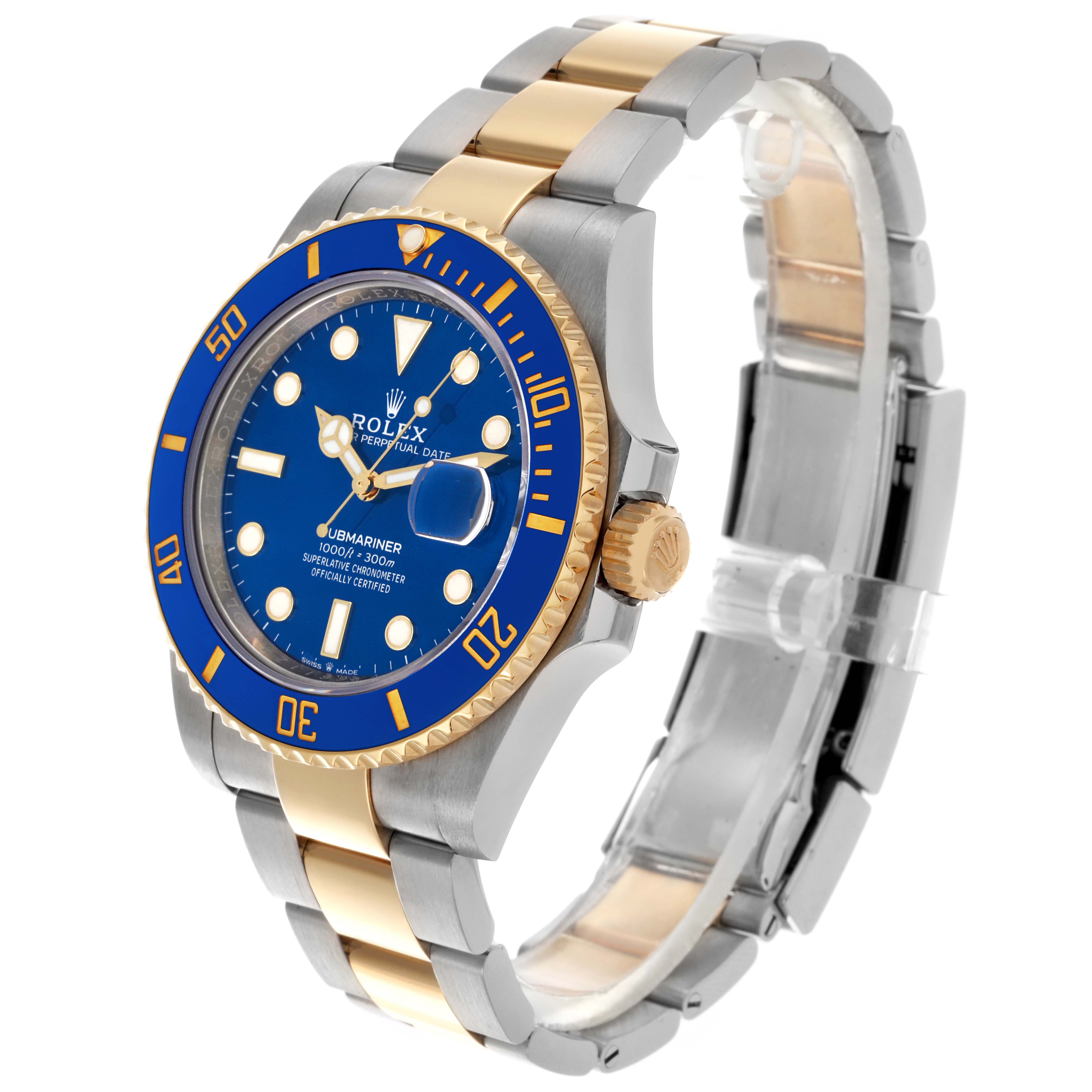 The Rolex Submariner 126613LB Men's Steel and Gold (two tone) Blue Dial 126613LB Men's Steel and Gold (two tone) Blue Dial watch is shown from an angled side view, displaying the face, bezel, and bracelet links.