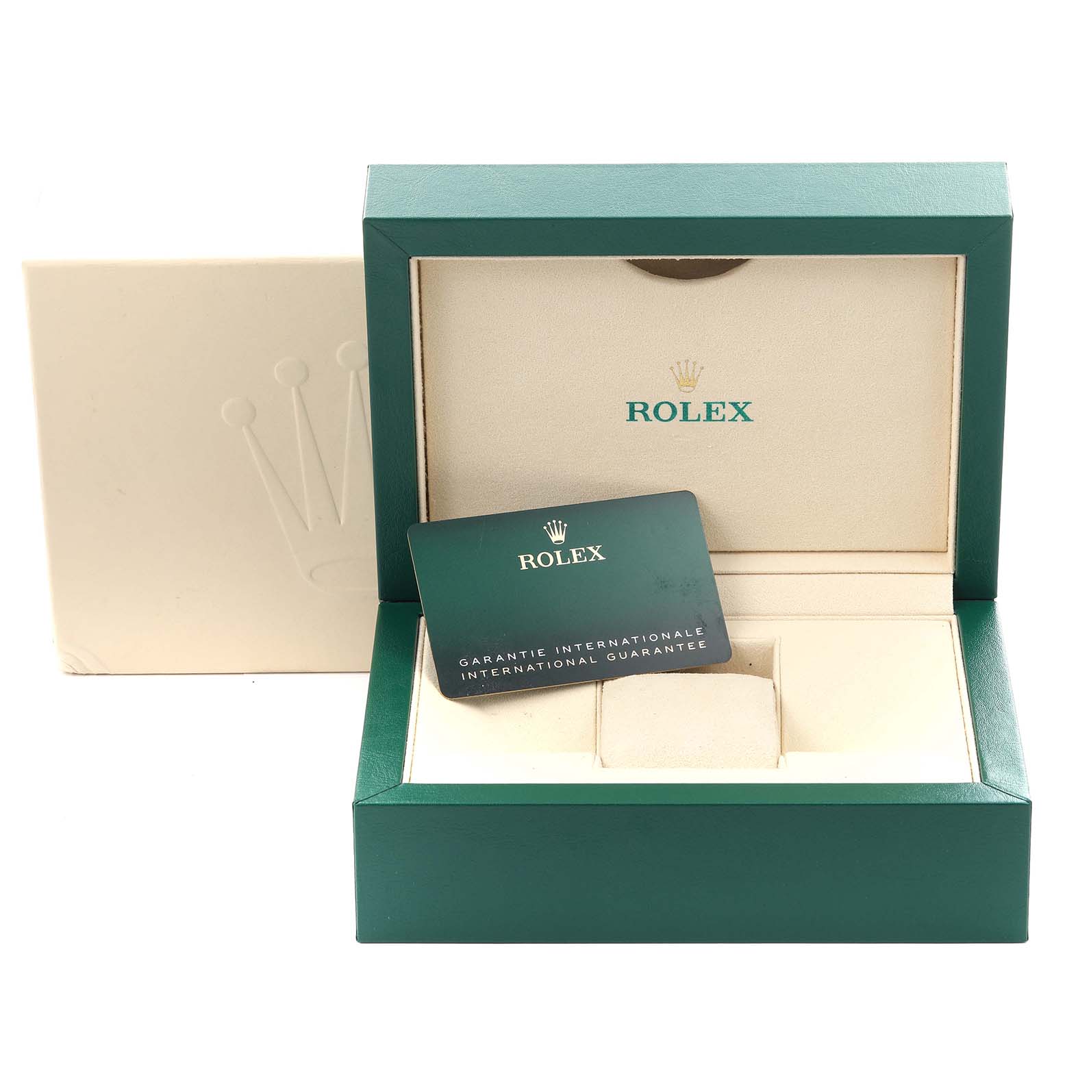The image shows a Rolex Submariner 126613LB Men's Steel and Gold (two tone) Blue Dial 126613LB Men's Steel and Gold (two tone) Blue Dial watch box and guarantee card, with the box open from the front angle.