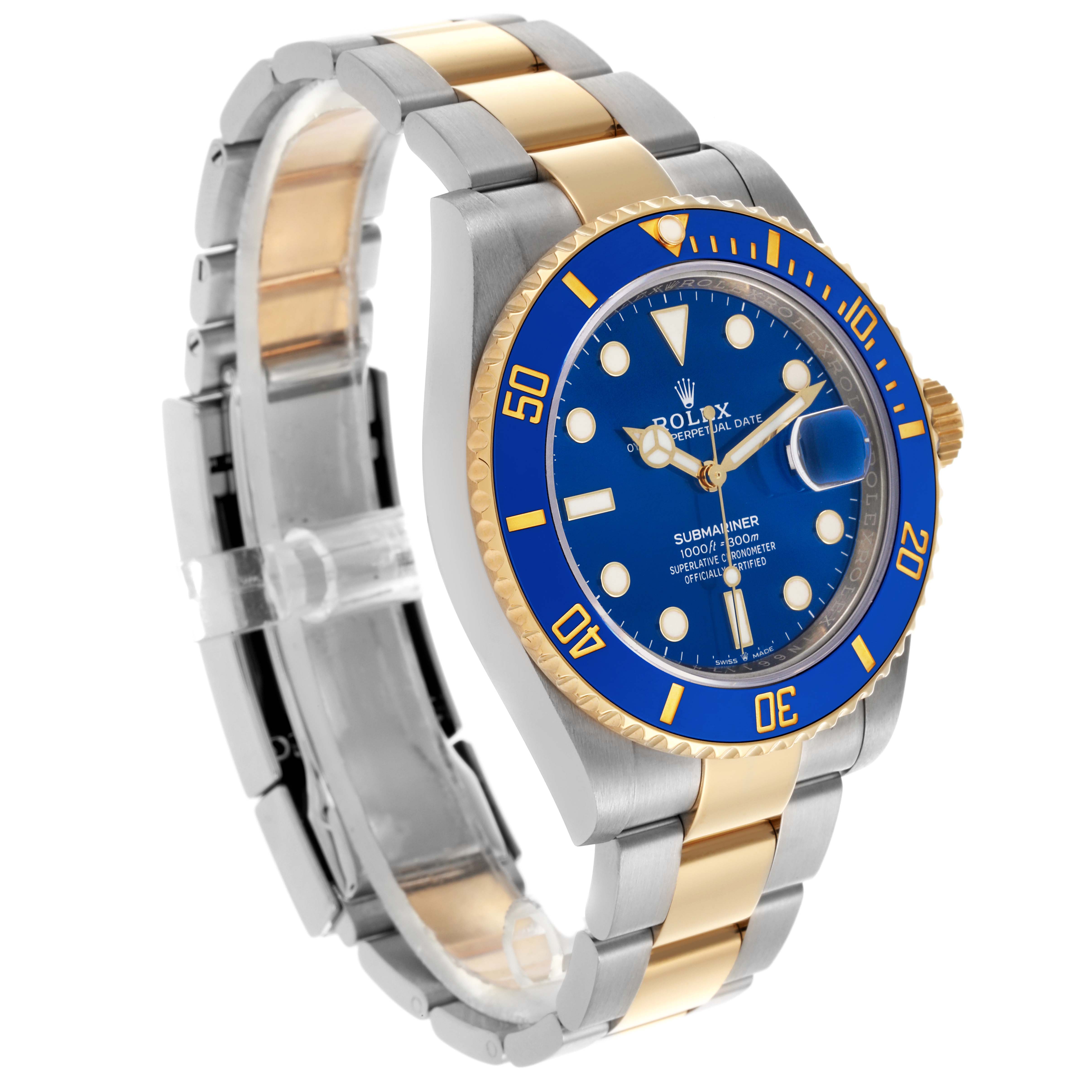 The Rolex Submariner 126613LB Men's Steel and Gold (two tone) Blue Dial 126613LB Men's Steel and Gold (two tone) Blue Dial watch is shown at a three-quarter angle, highlighting the blue dial, bezel, and two-tone bracelet.