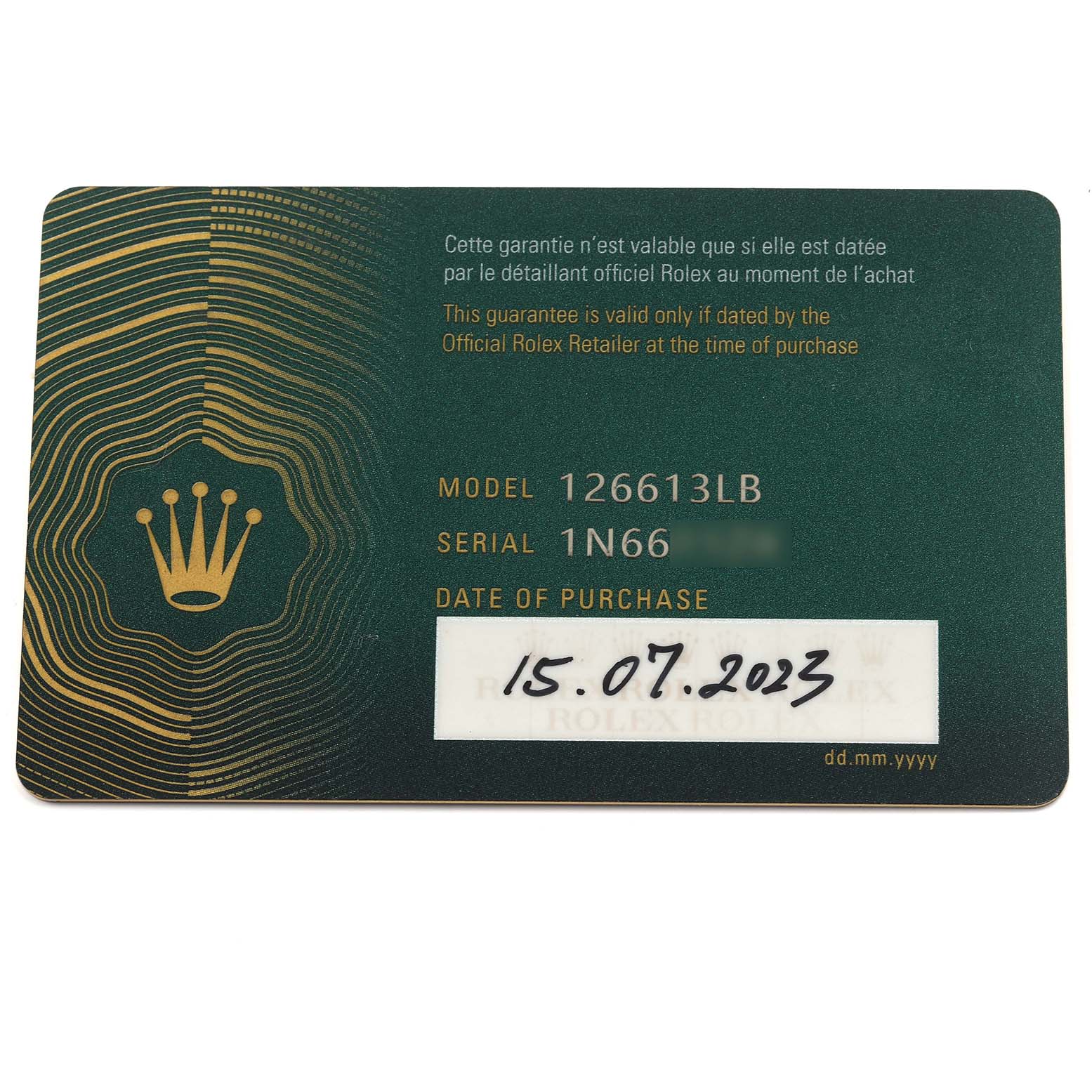 The image shows a warranty card for the Rolex Submariner 126613LB Men's Steel and Gold (two tone) Blue Dial 126613LB Men's Steel and Gold (two tone) Blue Dial model 126613LB.