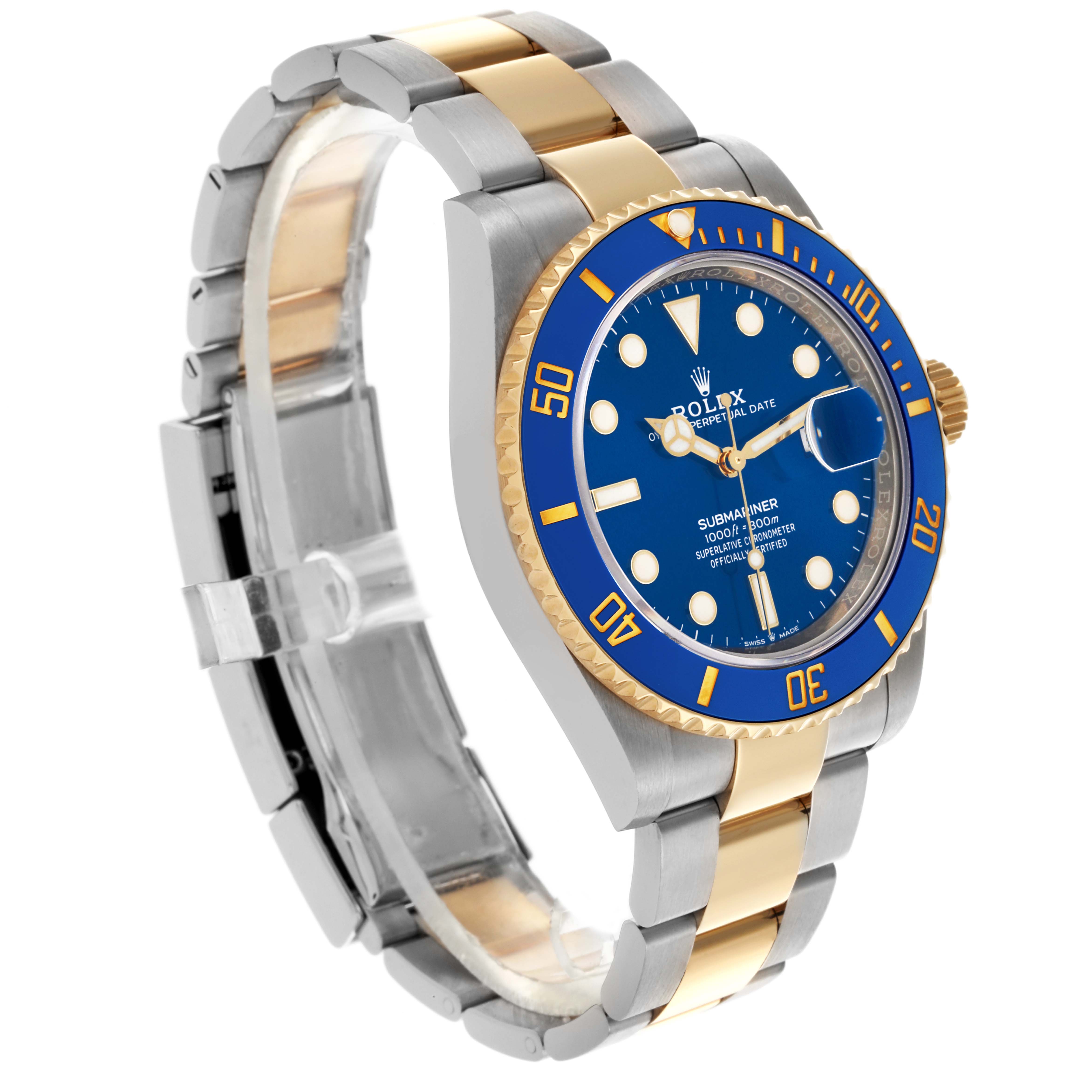 The Rolex Submariner 126613LB Men's Steel and Gold (two tone) Blue Dial 126613LB Men's Steel and Gold (two tone) Blue Dial is shown at a three-quarter angle, displaying the face, bezel, and bracelet.
