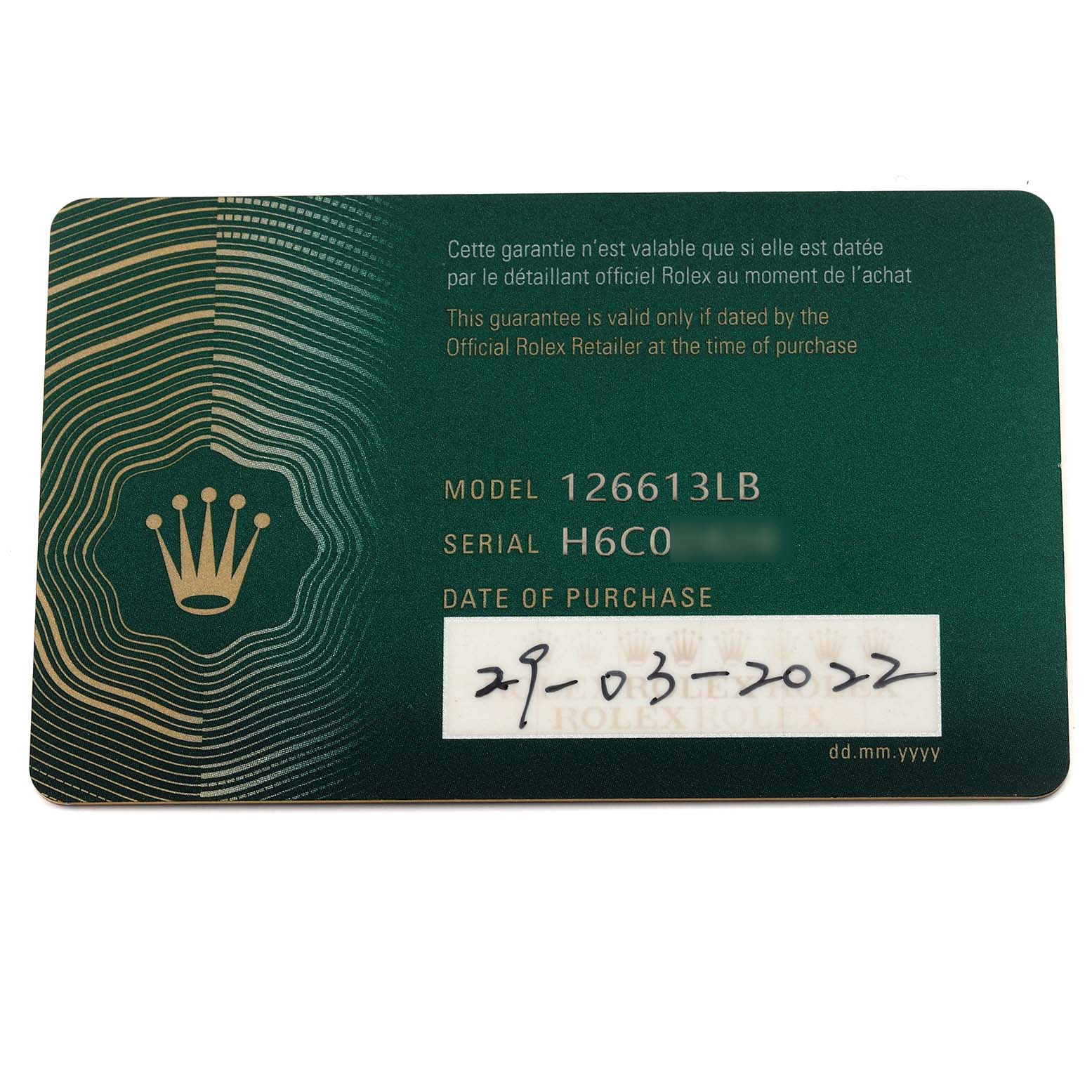 The image shows a warranty card for the Rolex Submariner 126613LB Men's Steel and Gold (two tone) Blue Dial 126613LB Men's Steel and Gold (two tone) Blue Dial model 126613LB.