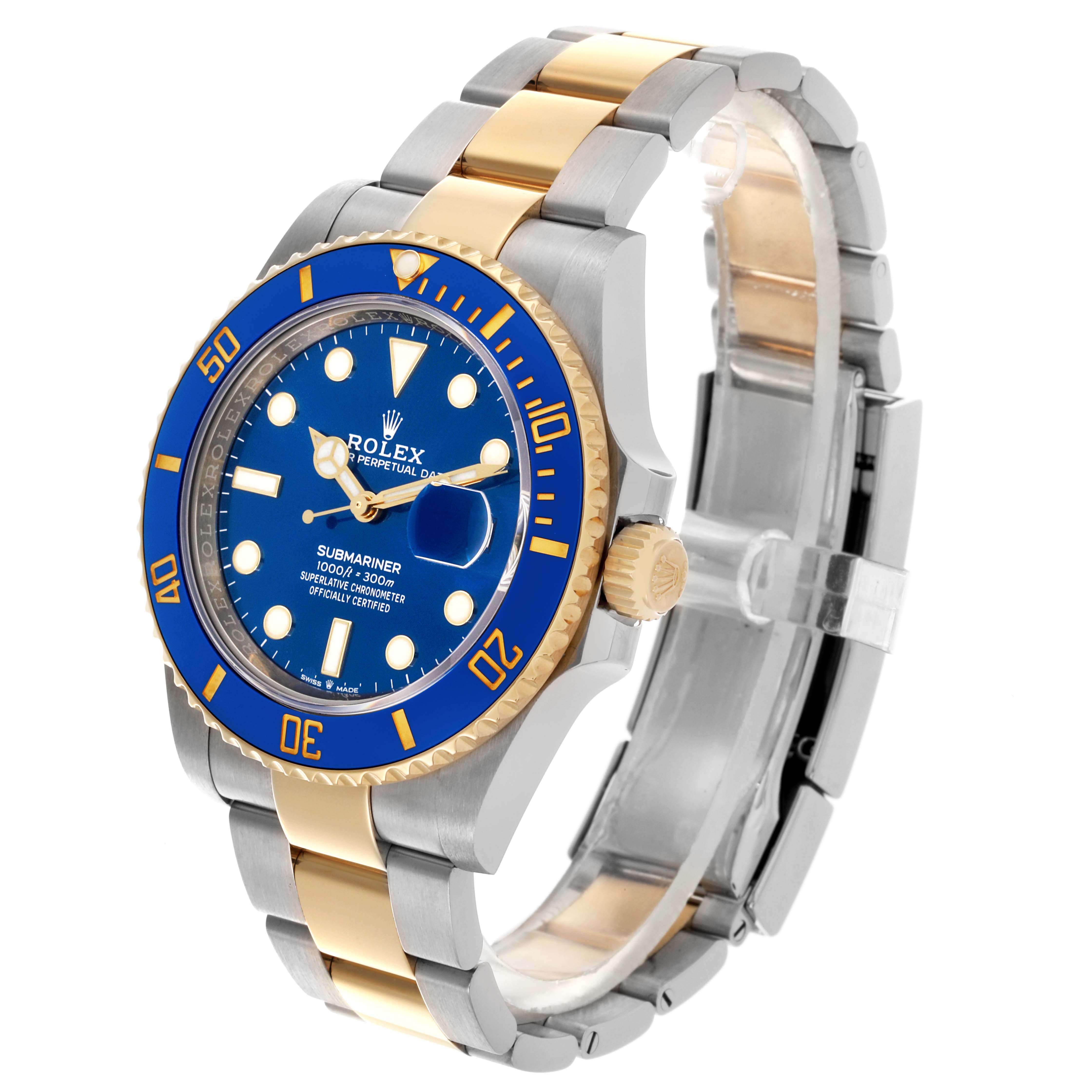 The image shows a side view of the Rolex Submariner 126613LB Men's Steel and Gold (two tone) Blue Dial 126613LB Men's Steel and Gold (two tone) Blue Dial watch, highlighting its blue dial, bezel, and two-tone band.