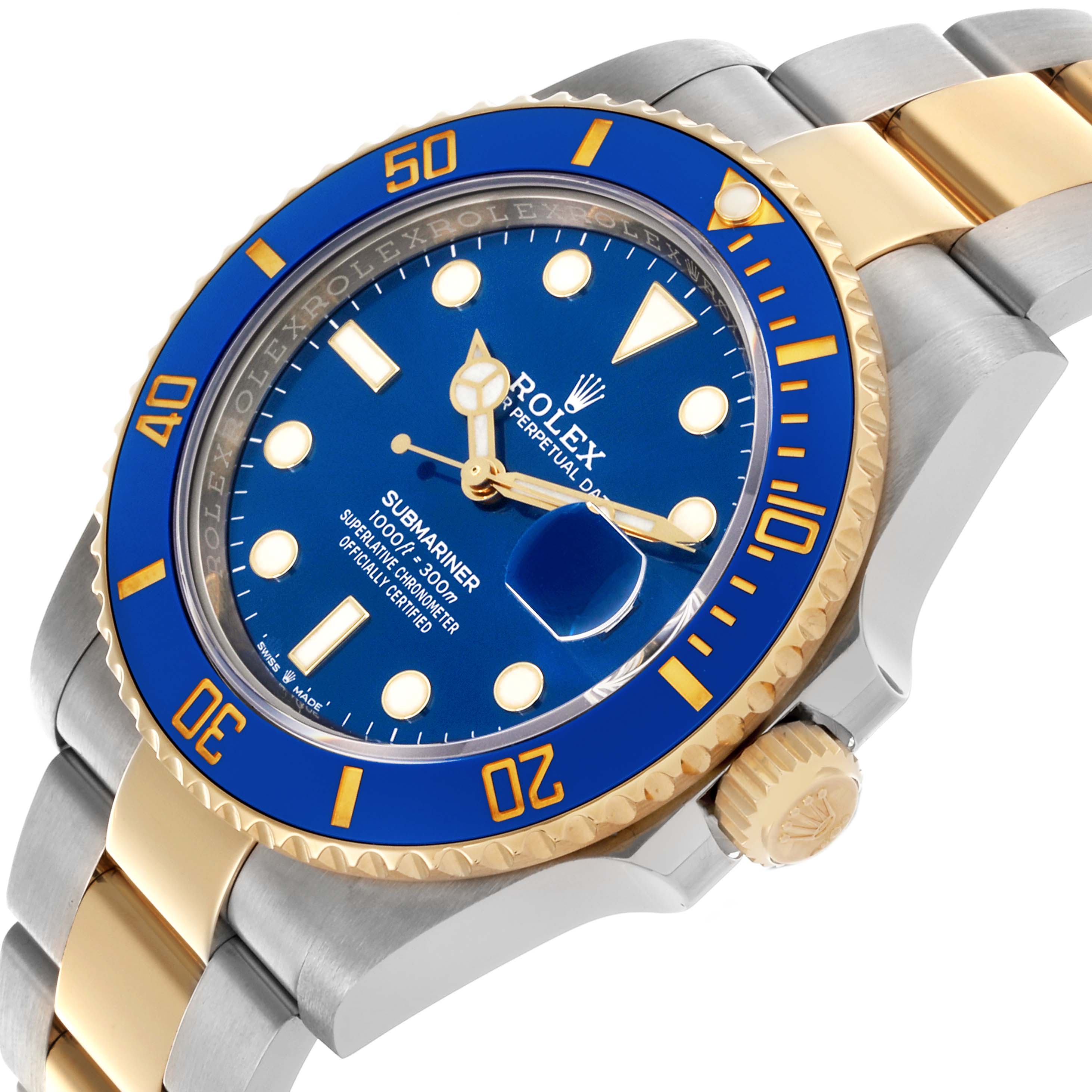 The Rolex Submariner 126613LB Men's Steel and Gold (two tone) Blue Dial 126613LB Men's Steel and Gold (two tone) Blue Dial is shown at a tilted angle, highlighting the blue dial, bezel, crown, and two-tone bracelet.