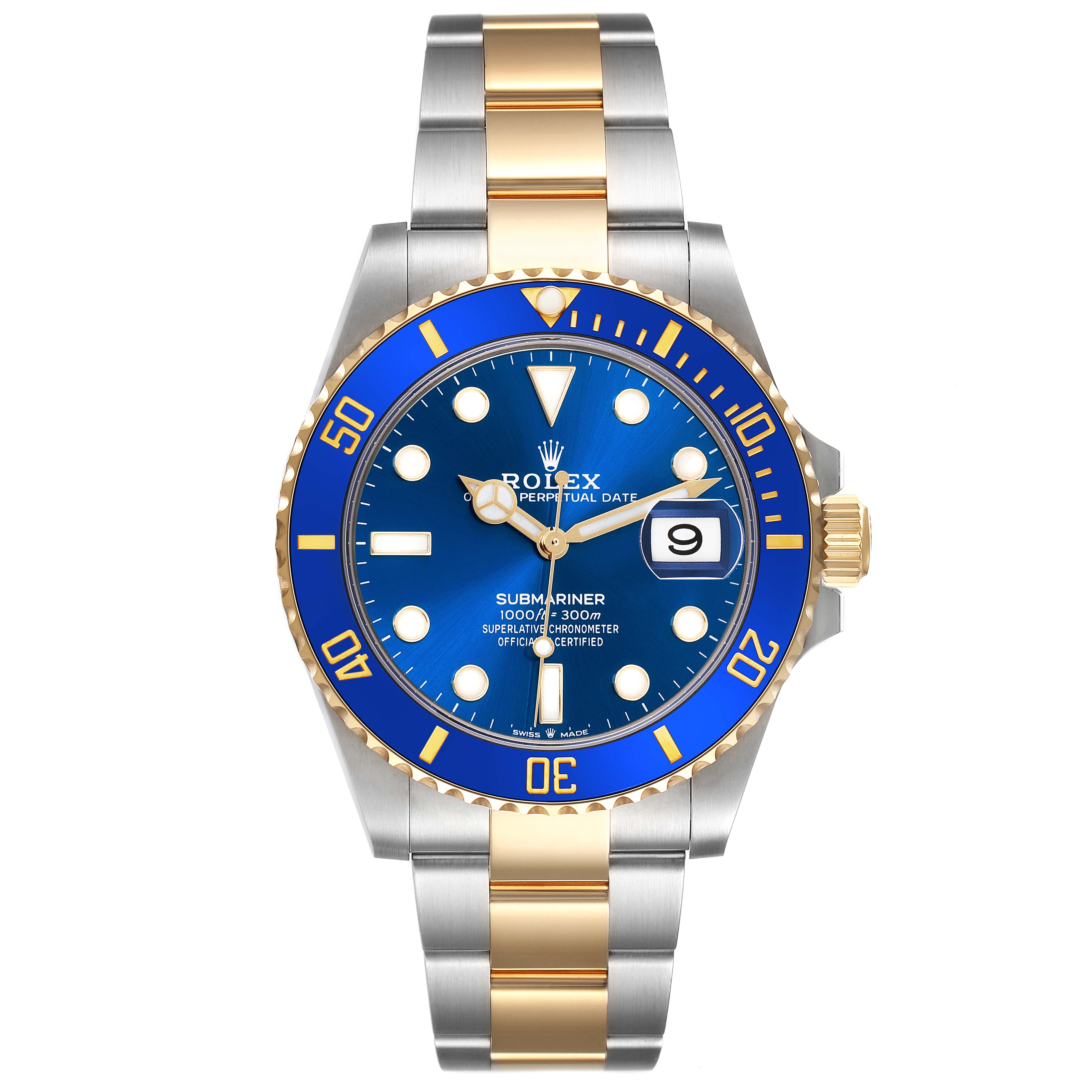 The Rolex Submariner 126613LB Men's Steel and Gold (two tone) Blue Dial 126613LB Men's Steel and Gold (two tone) Blue Dial is shown from the front, featuring the blue dial, bezel, and two-tone bracelet.