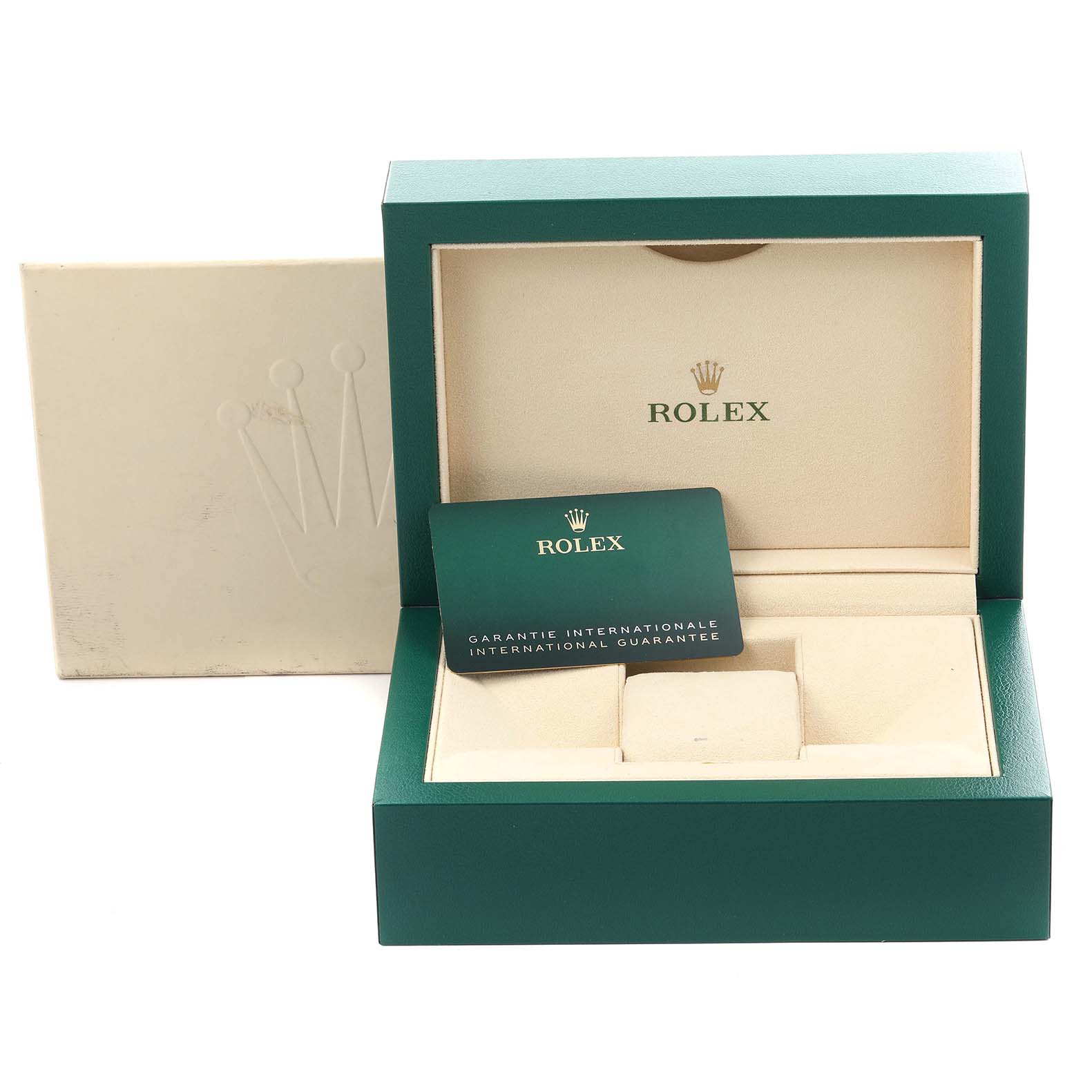 The image shows a Rolex Submariner 126613LB Men's Steel and Gold (two tone) Blue Dial 126613LB Men's Steel and Gold (two tone) Blue Dial watch box and guarantee card from a front angle.