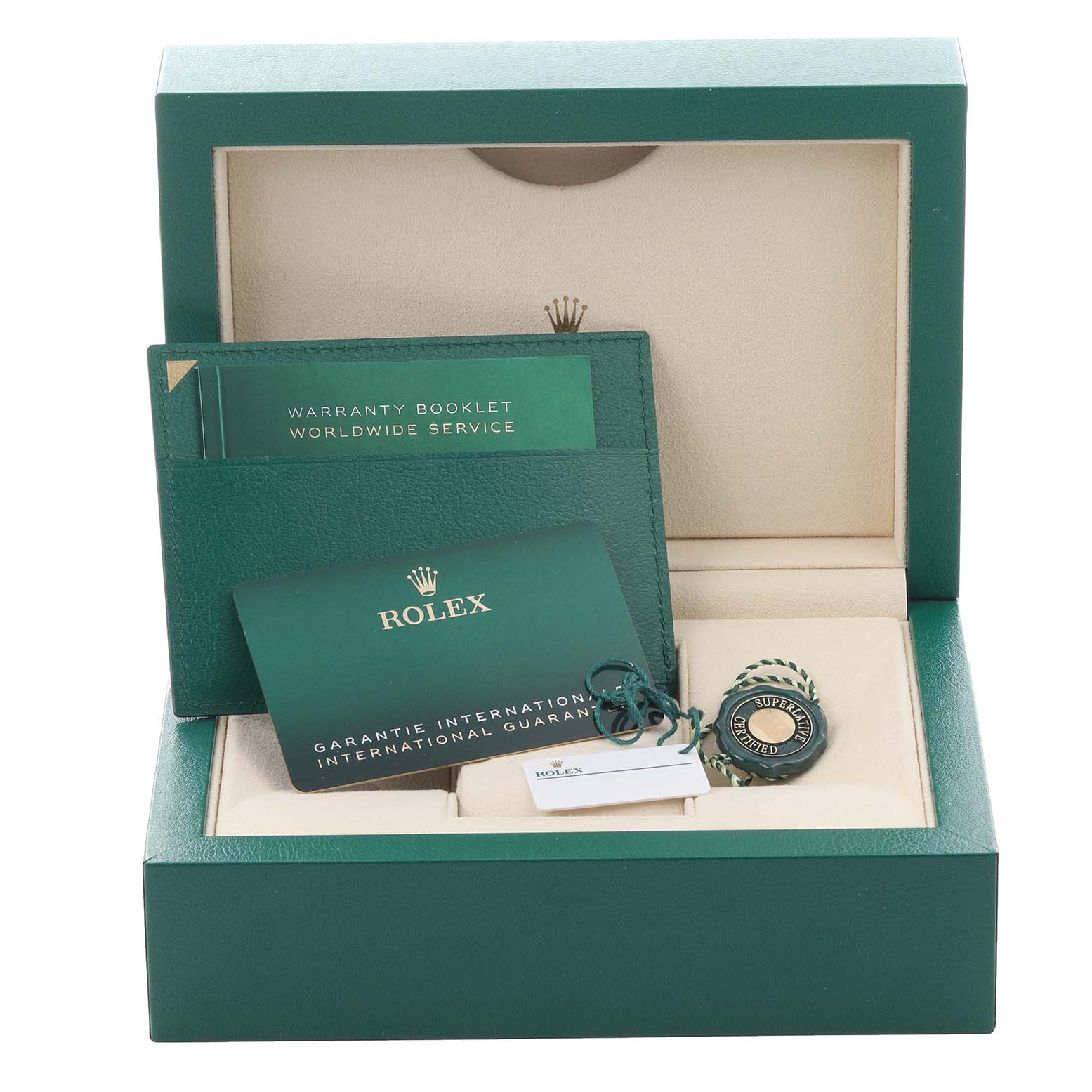 The image shows a Rolex Submariner 126613 Men's Steel and Gold (two tone) Blue Dial 126613 Men's Steel and Gold (two tone) Blue Dial watch box with warranty booklet, tag, and accessories in a top-down view.