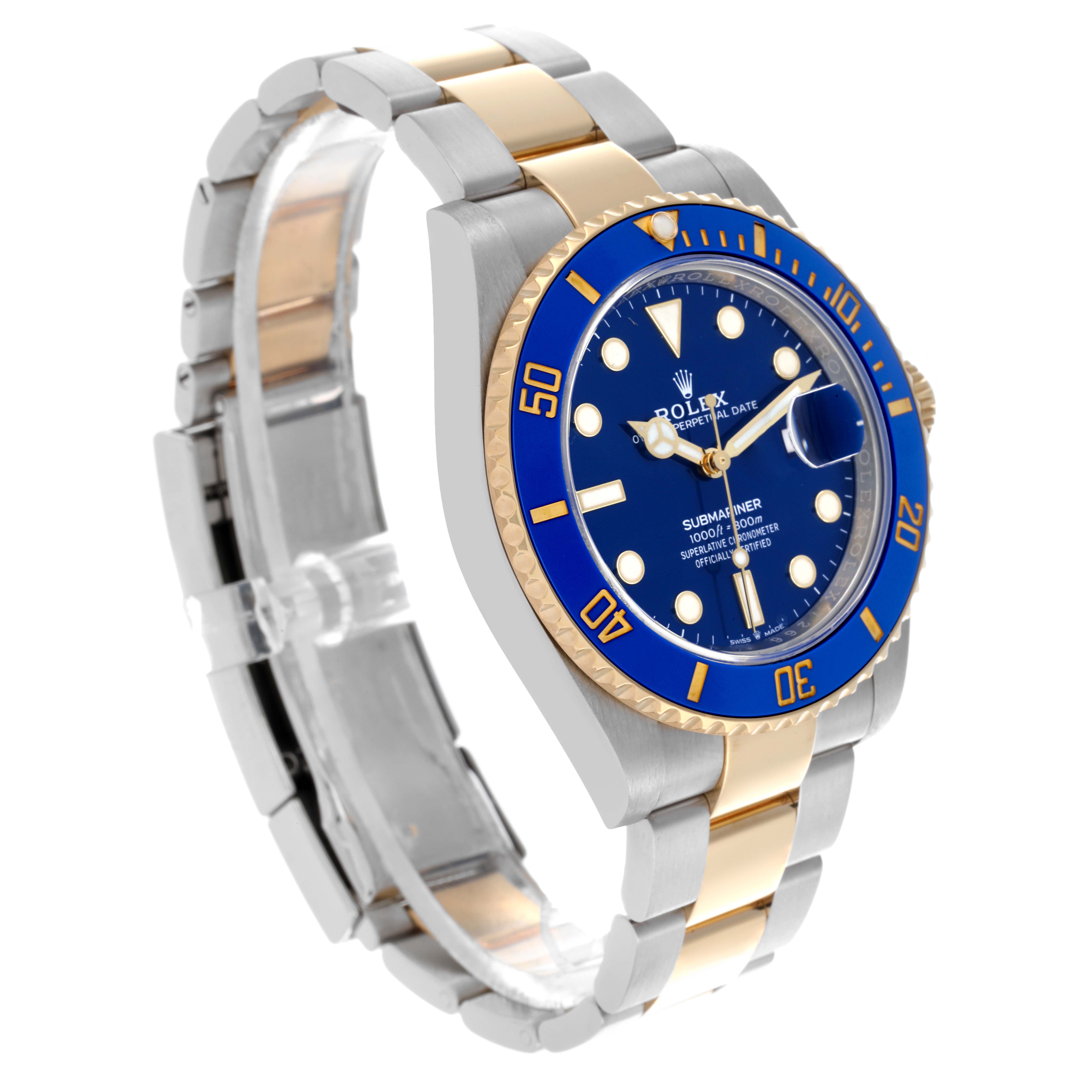 The Rolex Submariner 126613 Men's Steel and Gold (two tone) Blue Dial 126613 Men's Steel and Gold (two tone) Blue Dial is shown at an angle highlighting the blue bezel, dial, and two-tone bracelet.