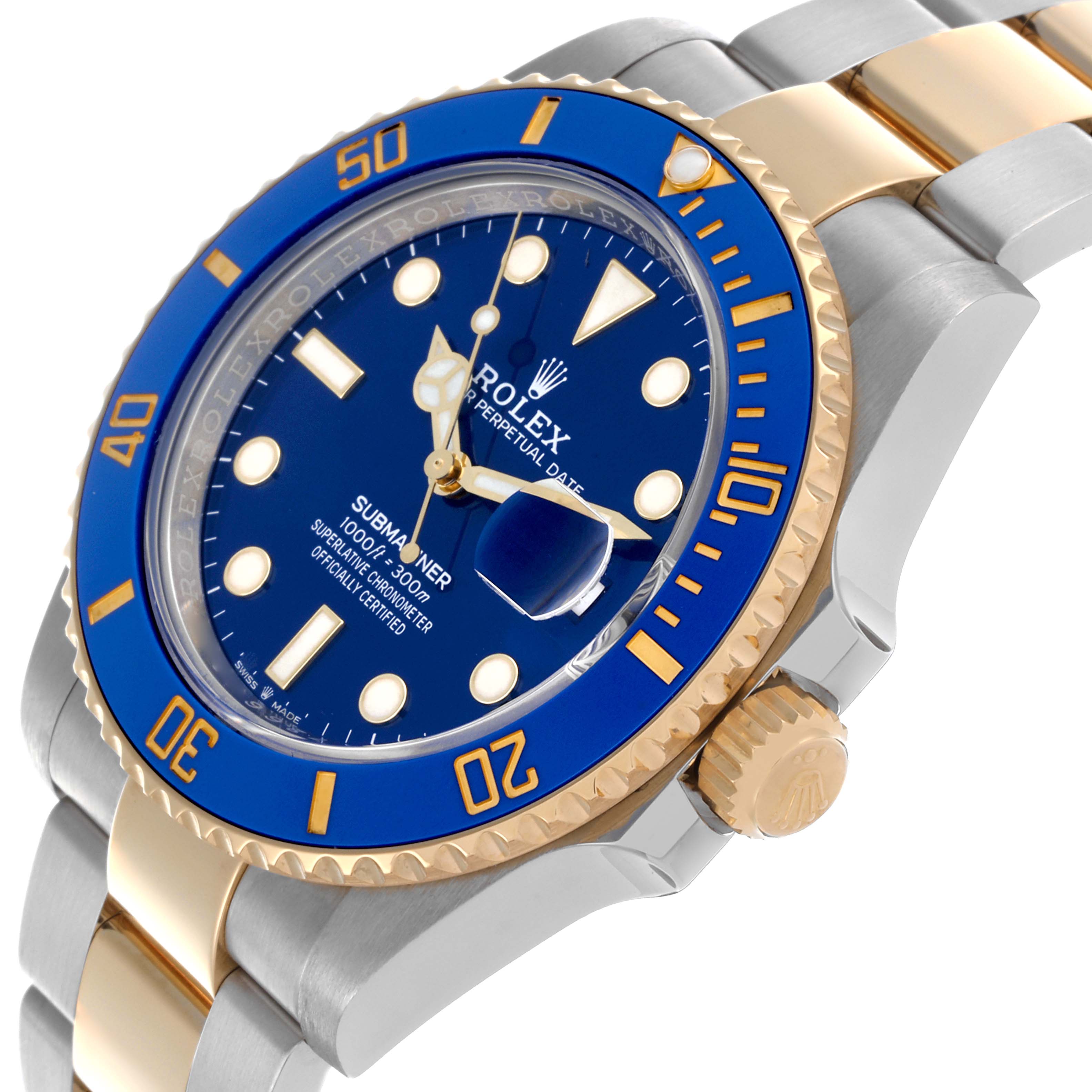 The Rolex Submariner 126613 Men's Steel and Gold (two tone) Blue Dial 126613 Men's Steel and Gold (two tone) Blue Dial is shown at an angle highlighting its blue bezel, dial, and two-tone bracelet.
