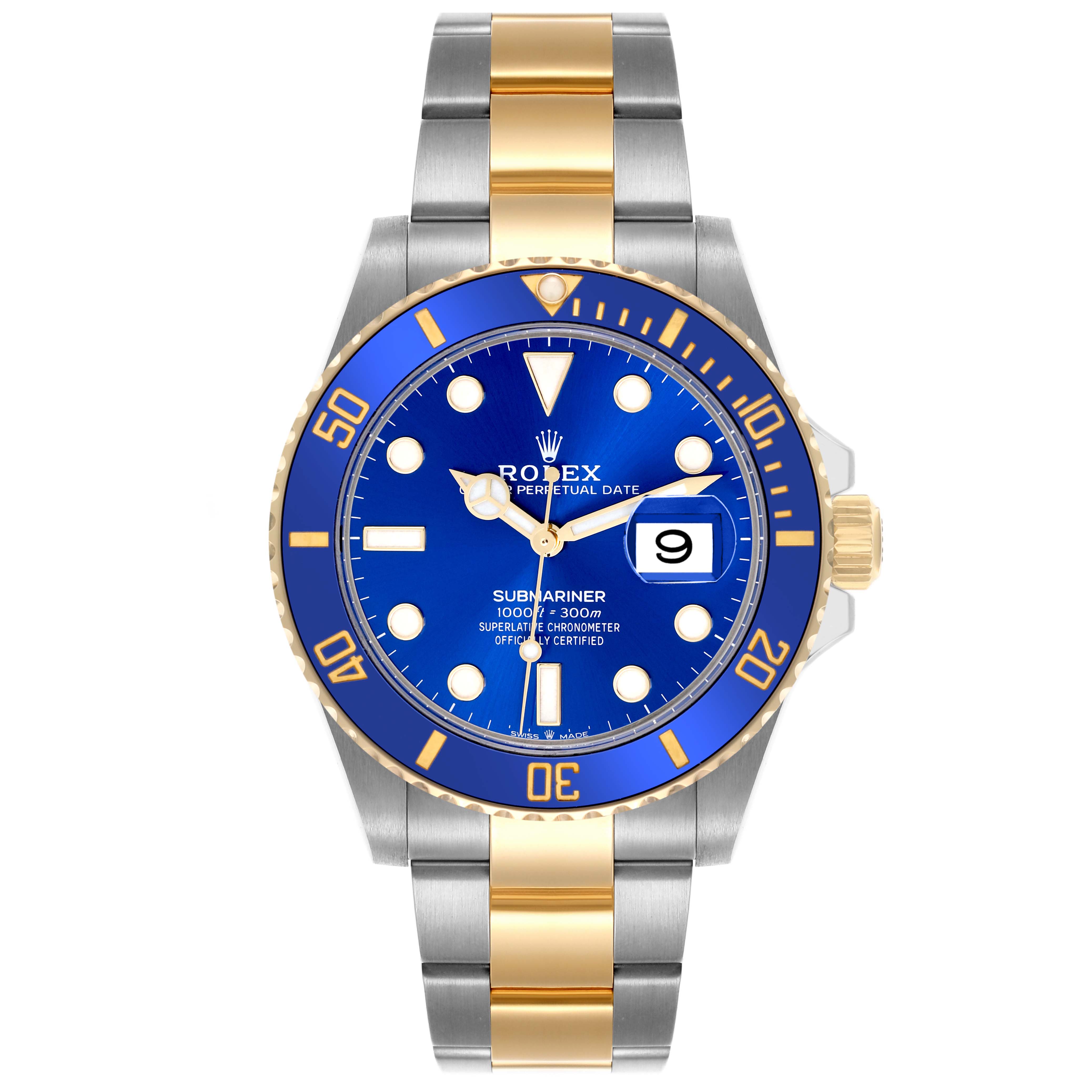 The Rolex Submariner 126613 Men's Steel and Gold (two tone) Blue Dial 126613 Men's Steel and Gold (two tone) Blue Dial is shown from a front angle, displaying the dial, bezel, and bracelet clearly.