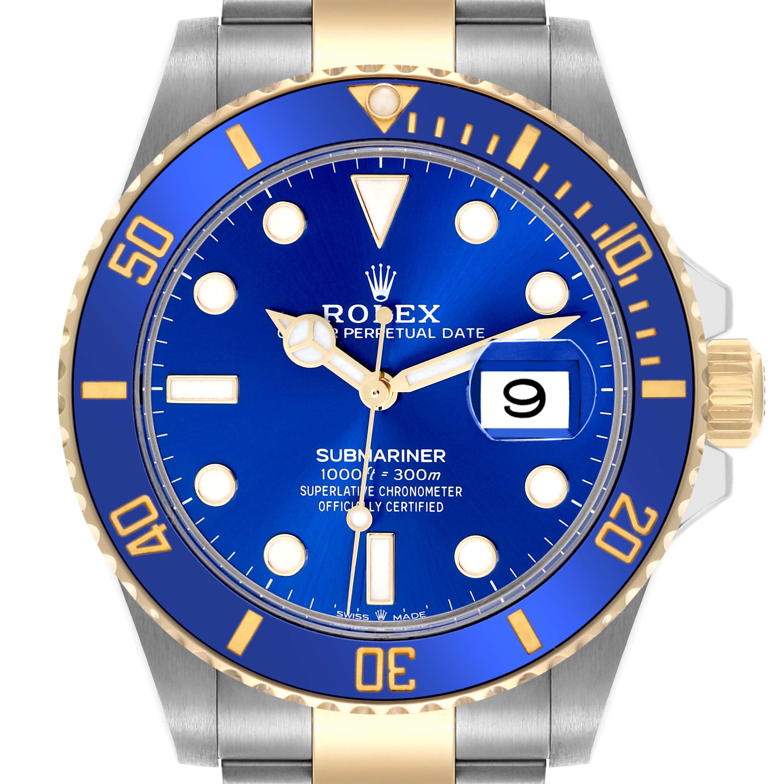 The image shows a front view of the Rolex Submariner 126613 Men's Steel and Gold (two tone) Blue Dial 126613 Men's Steel and Gold (two tone) Blue Dial watch, highlighting its blue bezel and dial, gold accents, and date window.