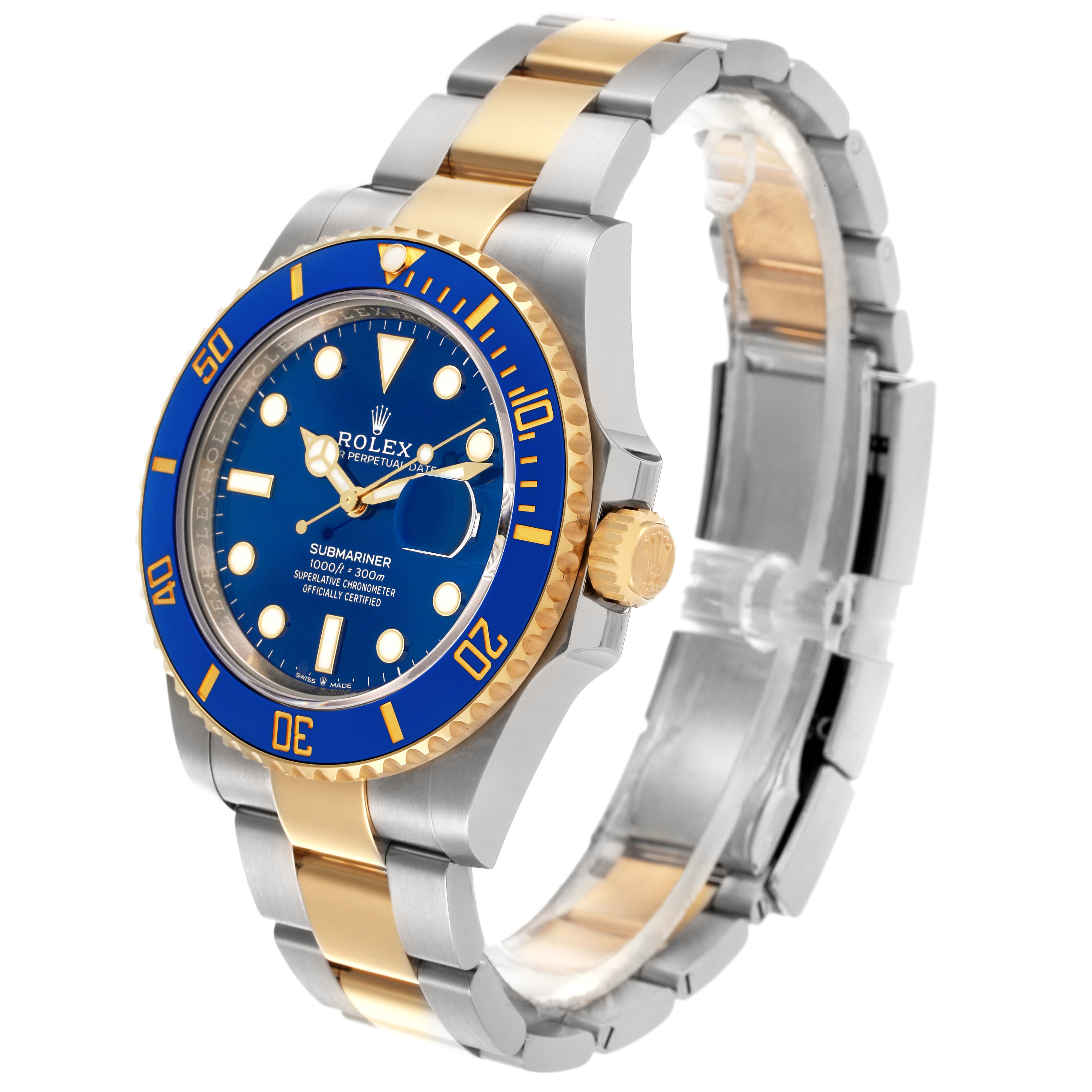 The Rolex Submariner 126613LB Men's Steel and Gold (two tone) Blue Dial 126613LB Men's Steel and Gold (two tone) Blue Dial is shown at an angle displaying the face, bezel, crown, and partial bracelet.