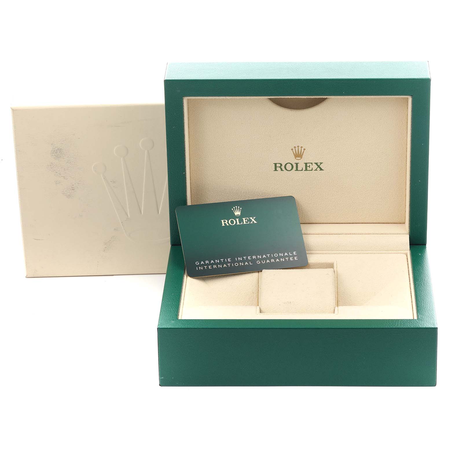 This image shows the open green box and warranty card for a Rolex Submariner 126613LB Men's Steel and Gold (two tone) Blue Dial 126613LB Men's Steel and Gold (two tone) Blue Dial.